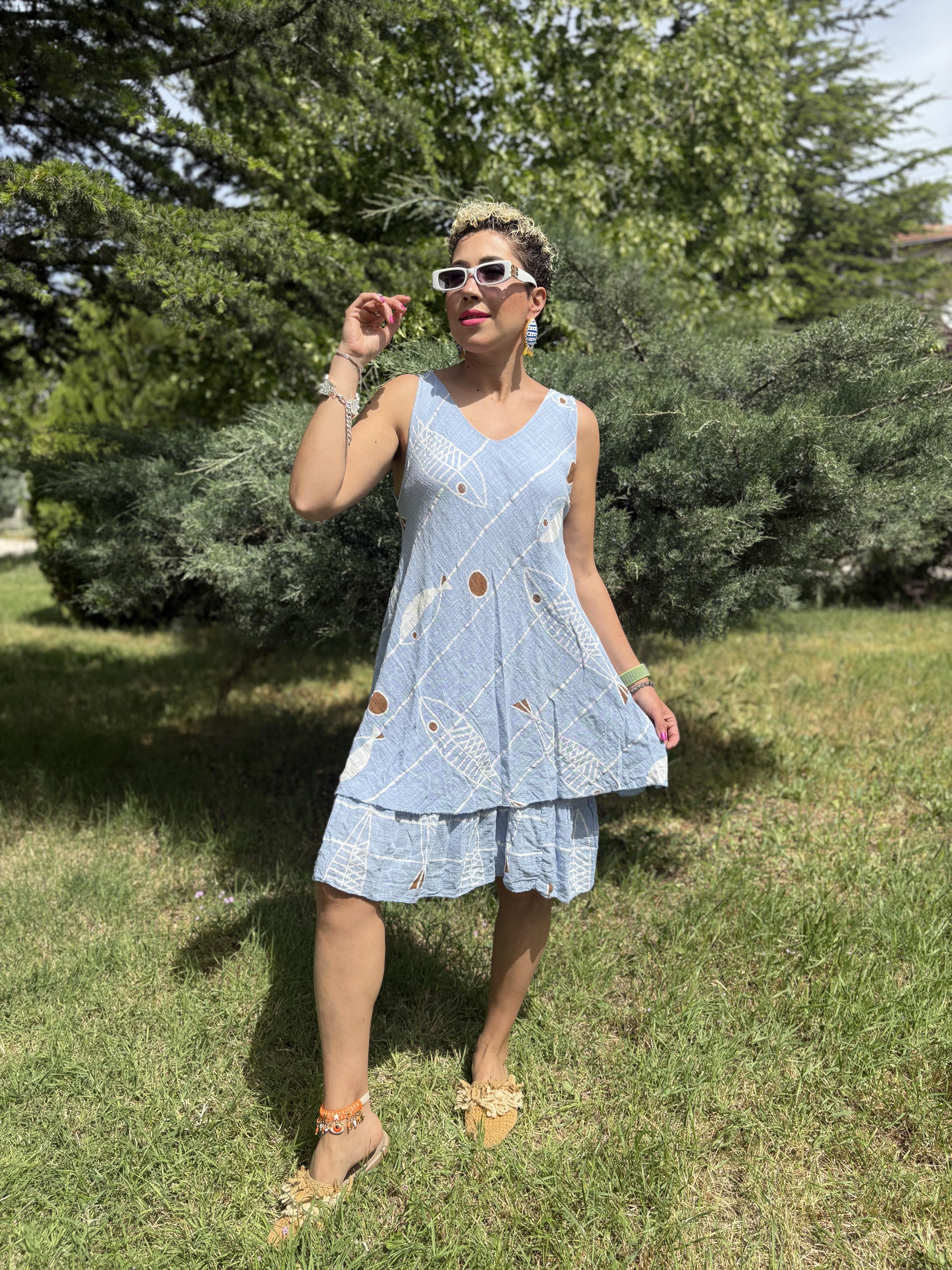 İtalyan Askılı Pamuklu Bebe Mavisi Balıklı Elbise