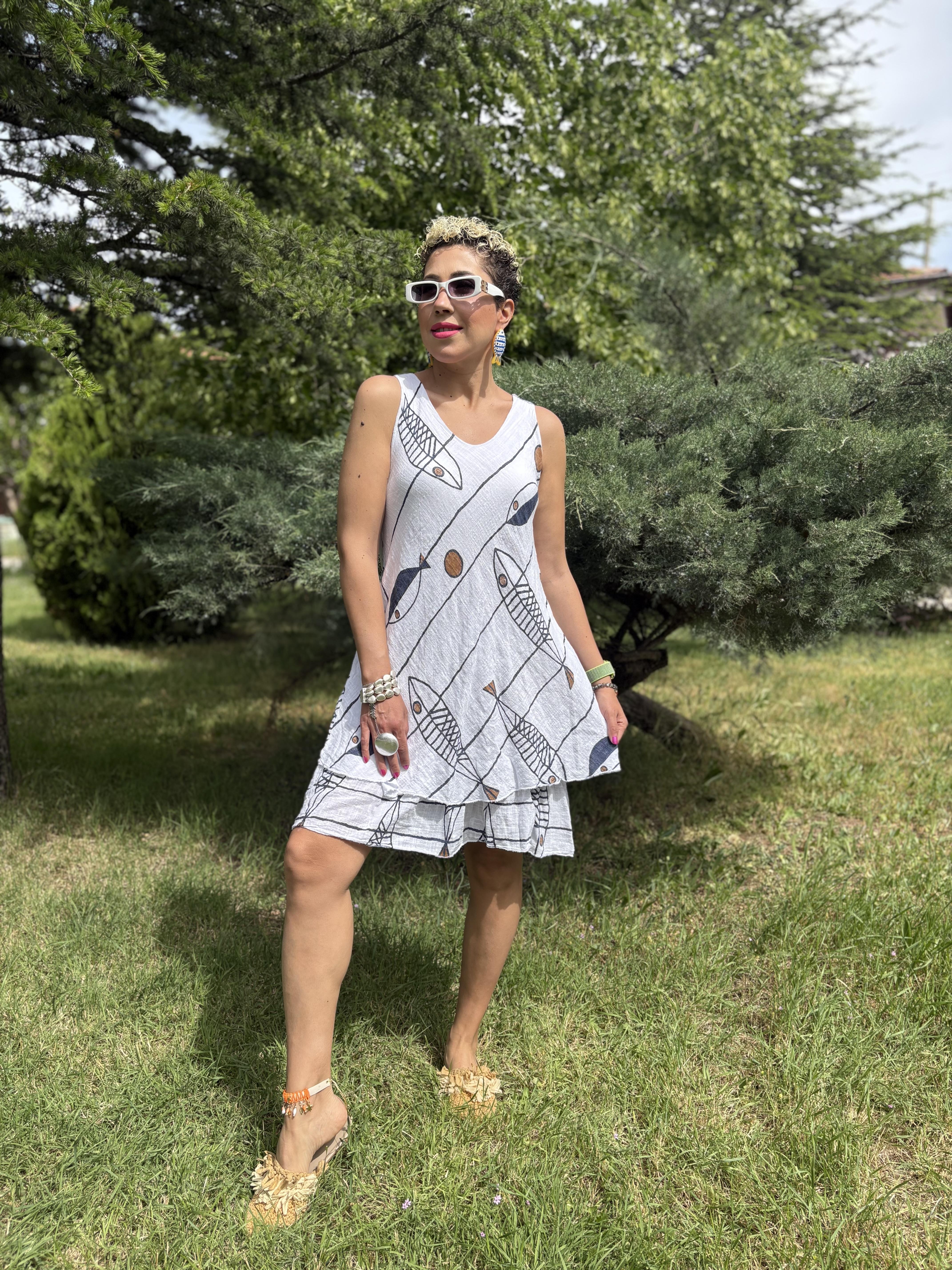 İtalyan Askılı Pamuklu Beyaz Balıklı Elbise