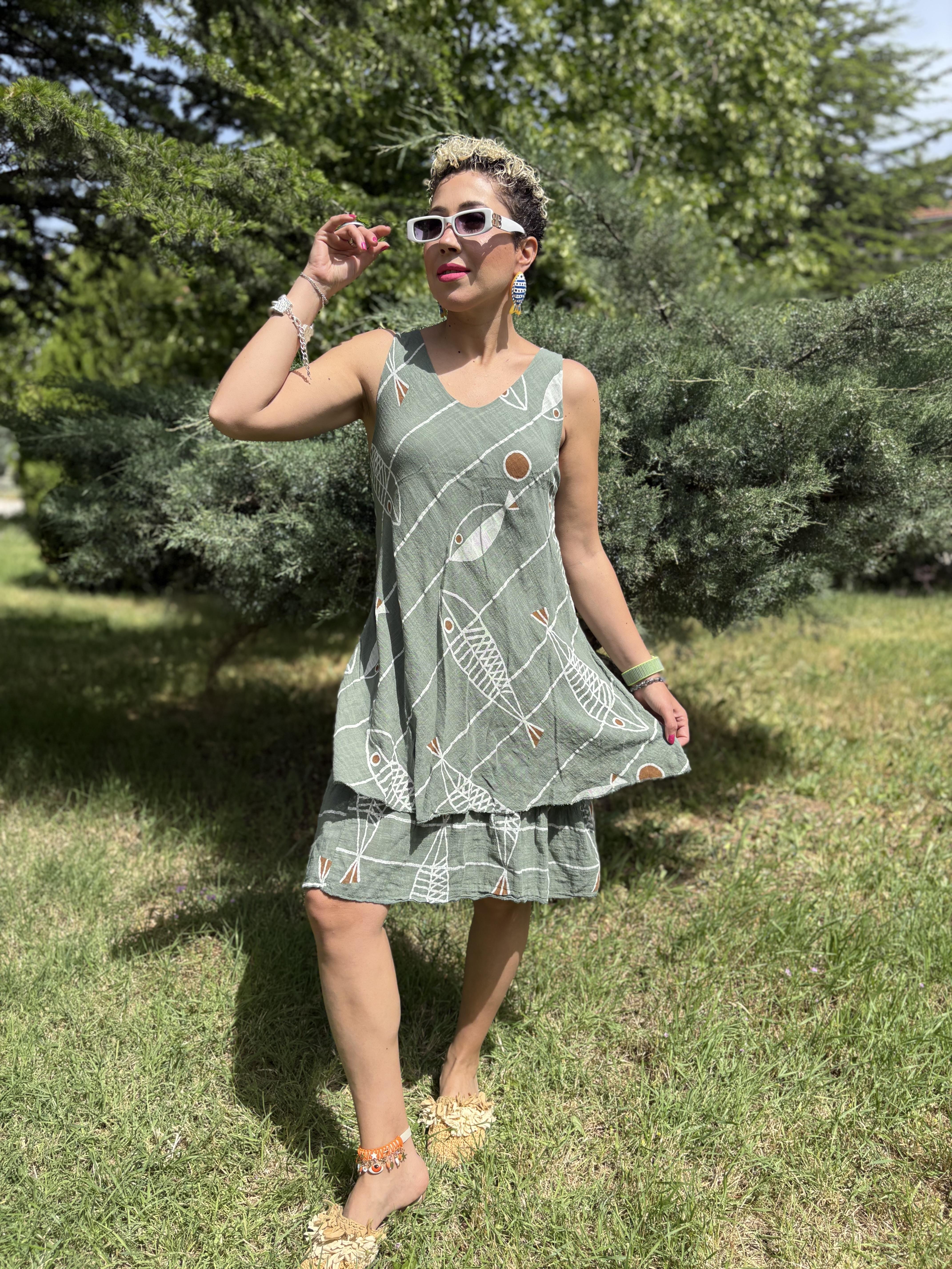 İtalyan Askılı Pamuklu Haki Balıklı Elbise