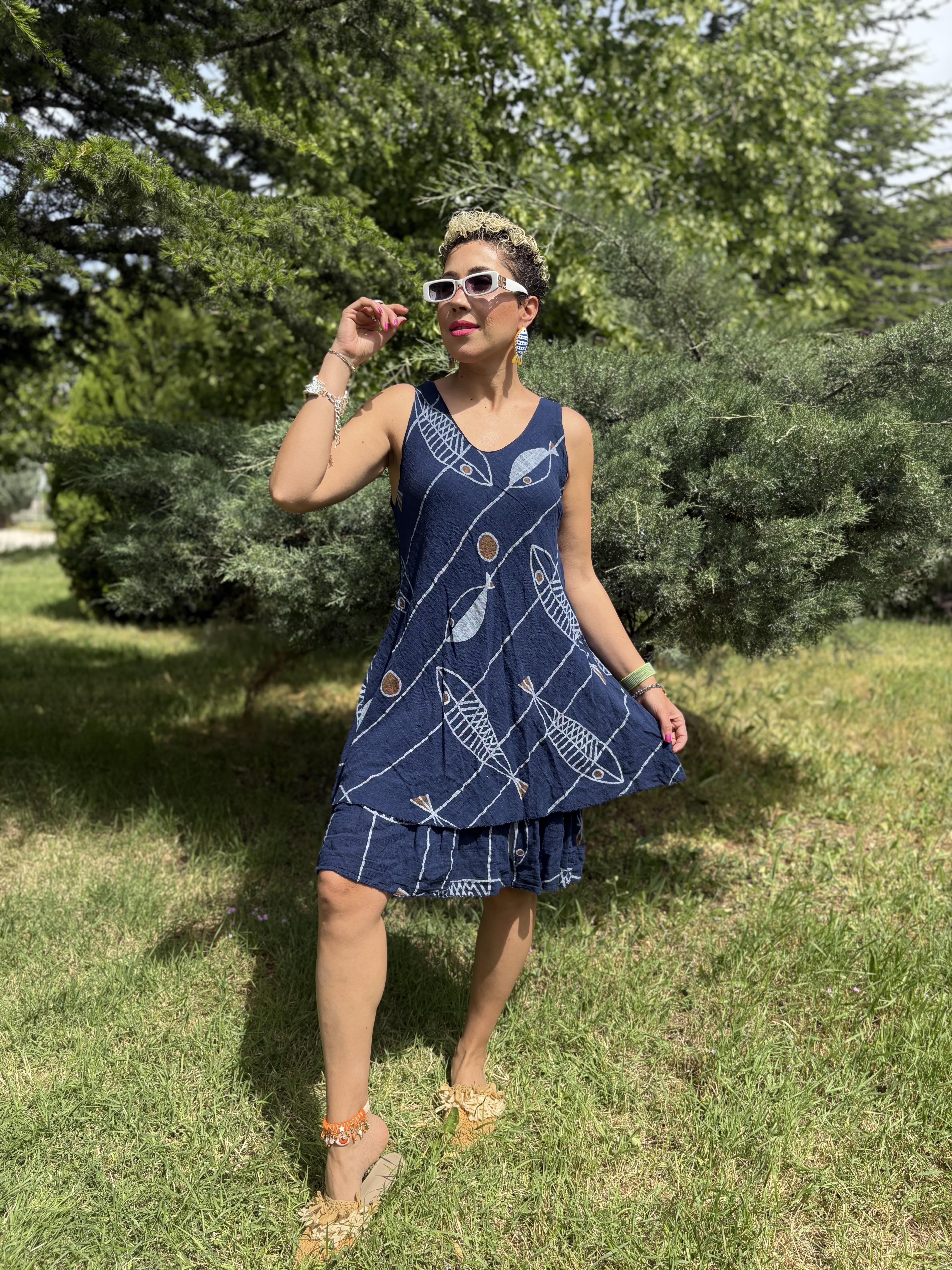 İtalyan Askılı Pamuklu Lacivert Balıklı Elbise