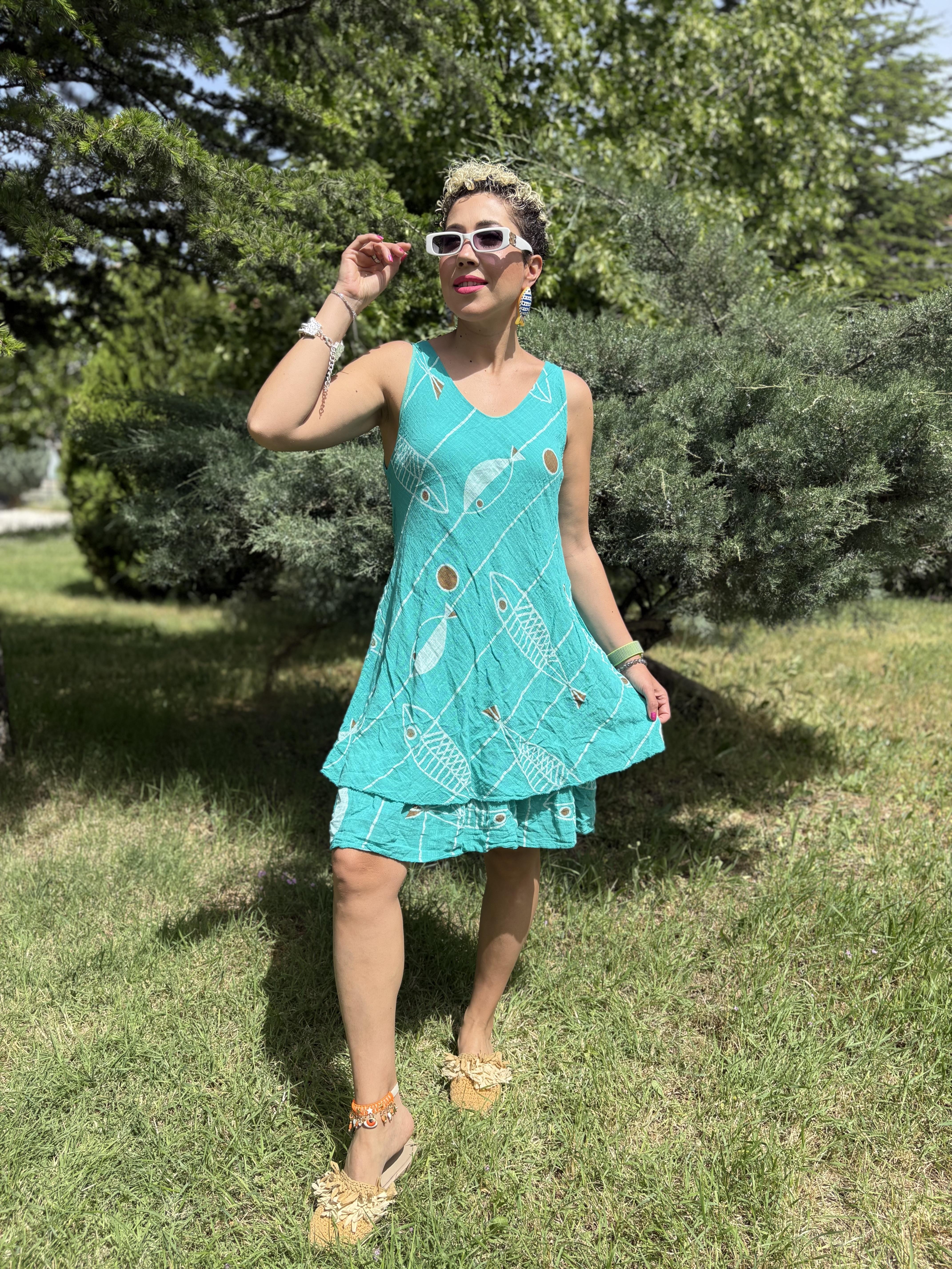 İtalyan Askılı Pamuklu Mint Yeşili Balıklı Elbise