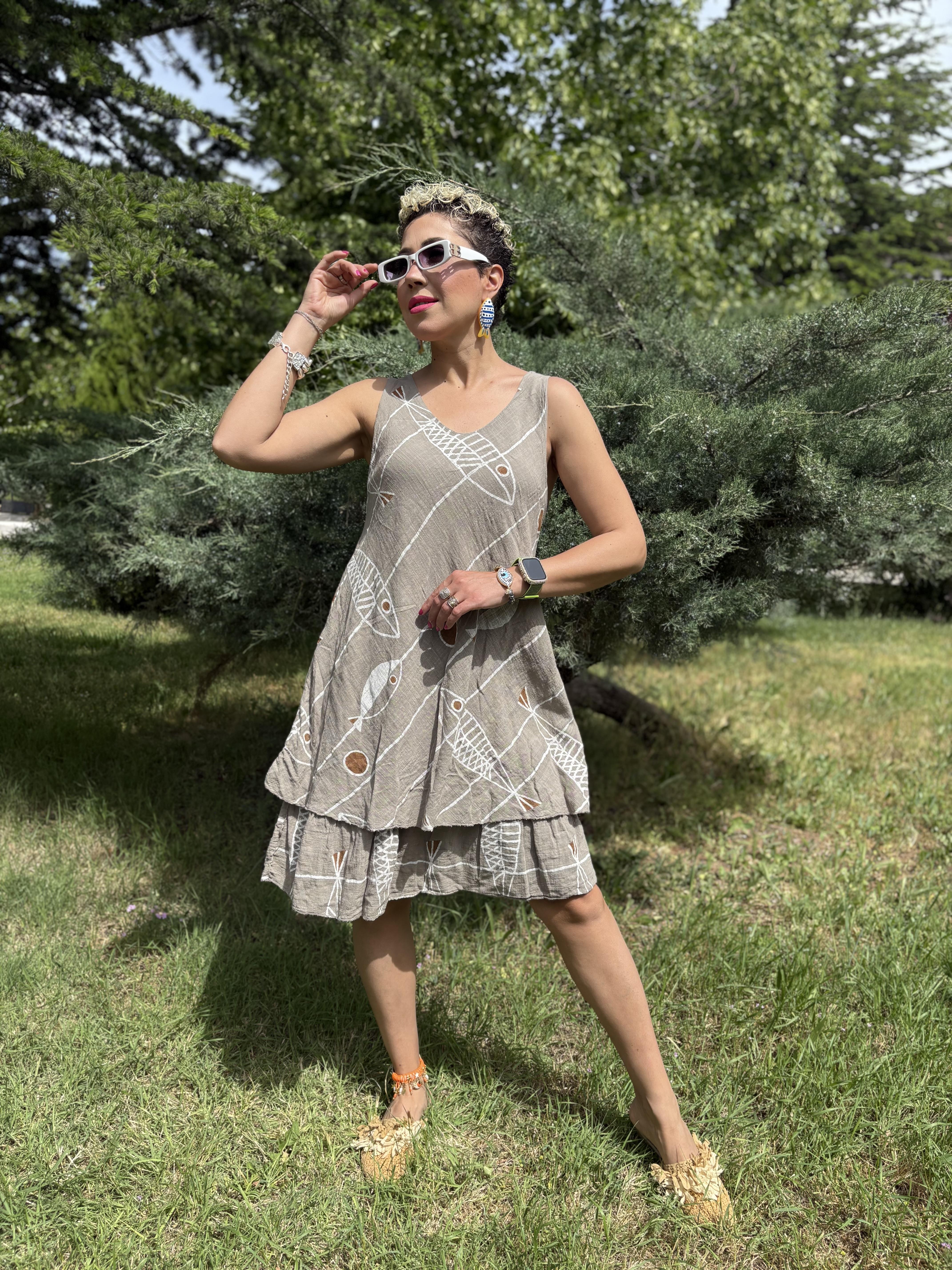 İtalyan Askılı Pamuklu Vizon Balıklı Elbise