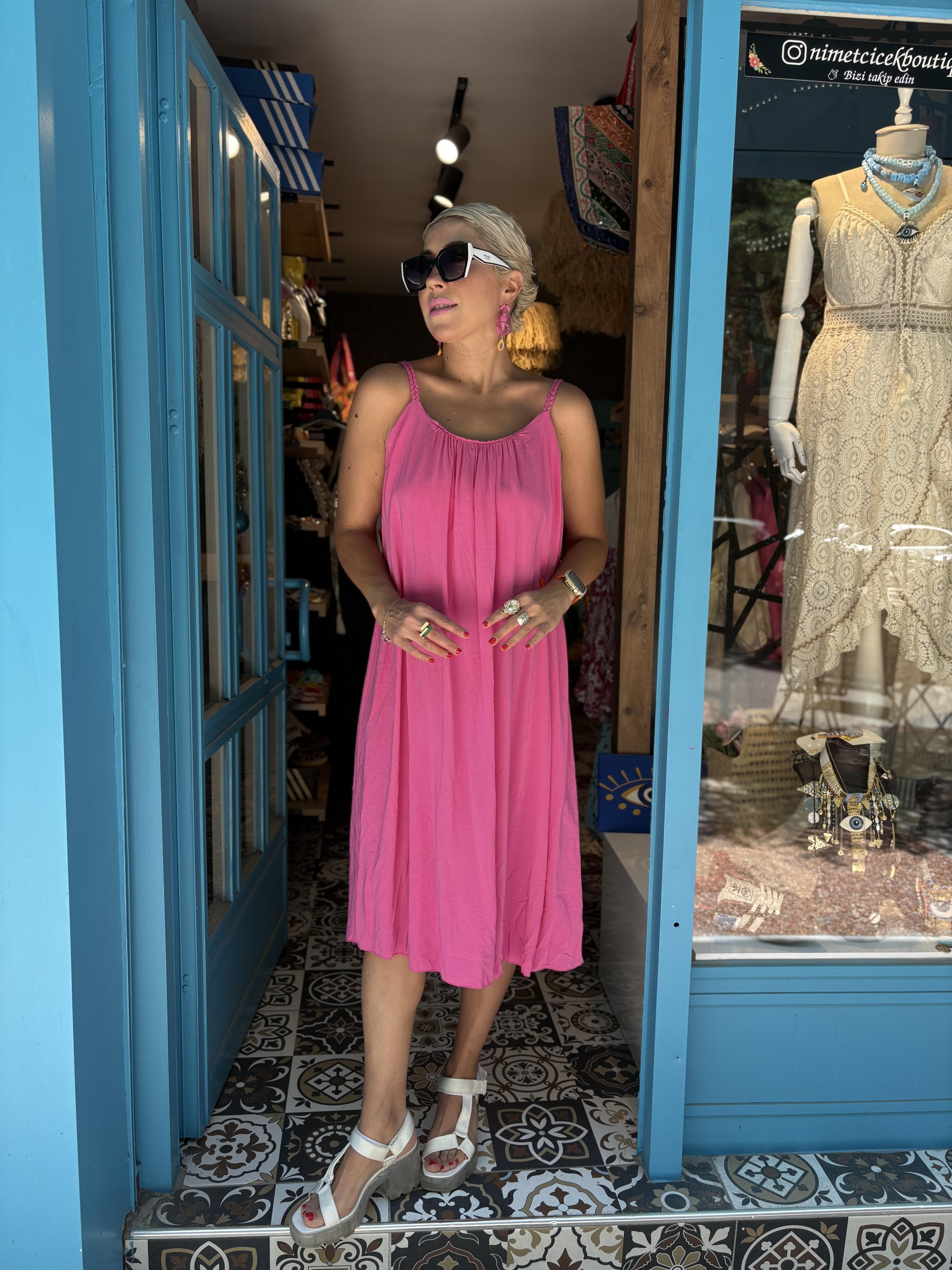 İtalyan Askılı Pembe Palermo Elbise