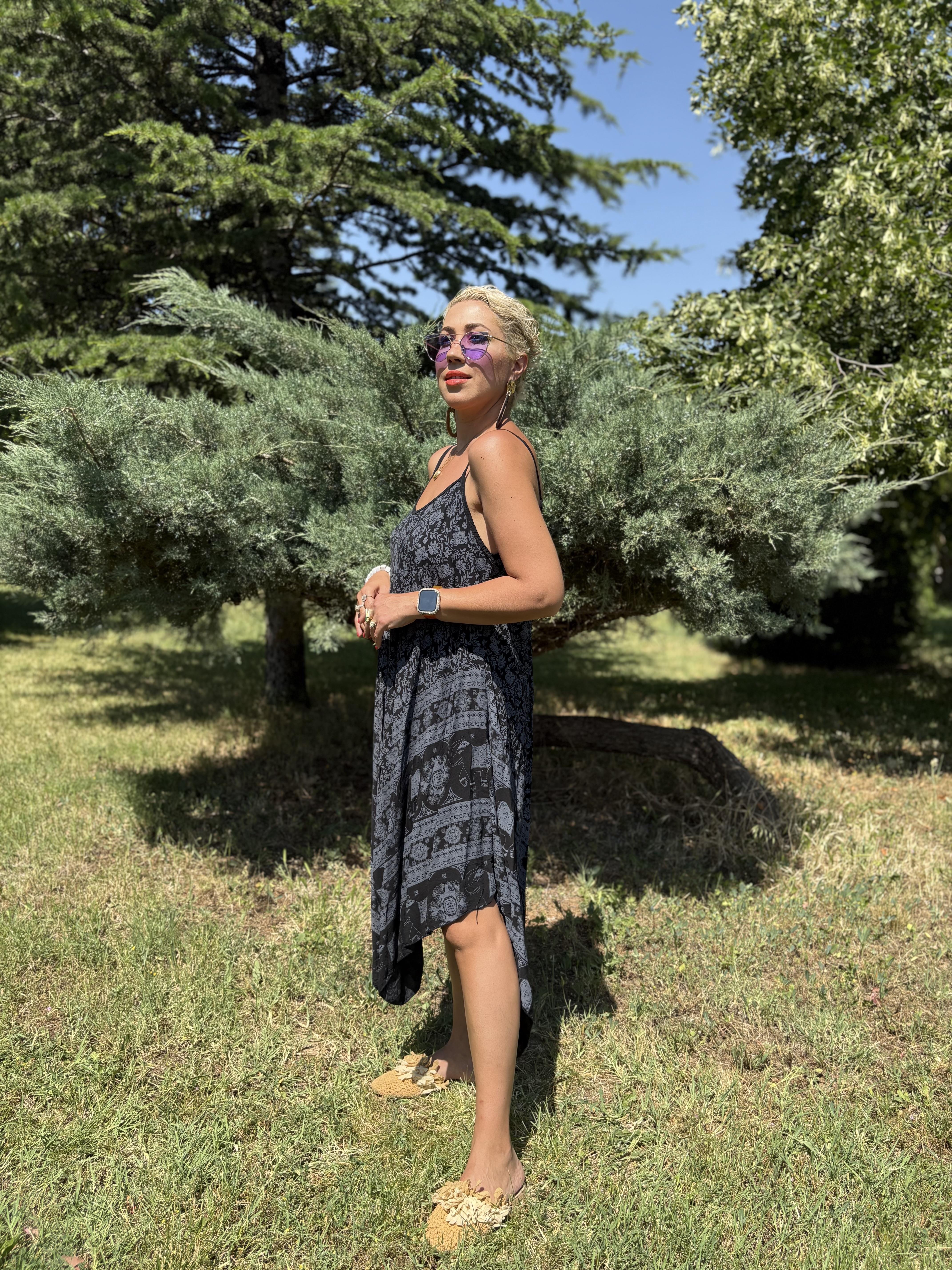 İtalyan Askılı Şalvar Görünümlü Siyah Elbise