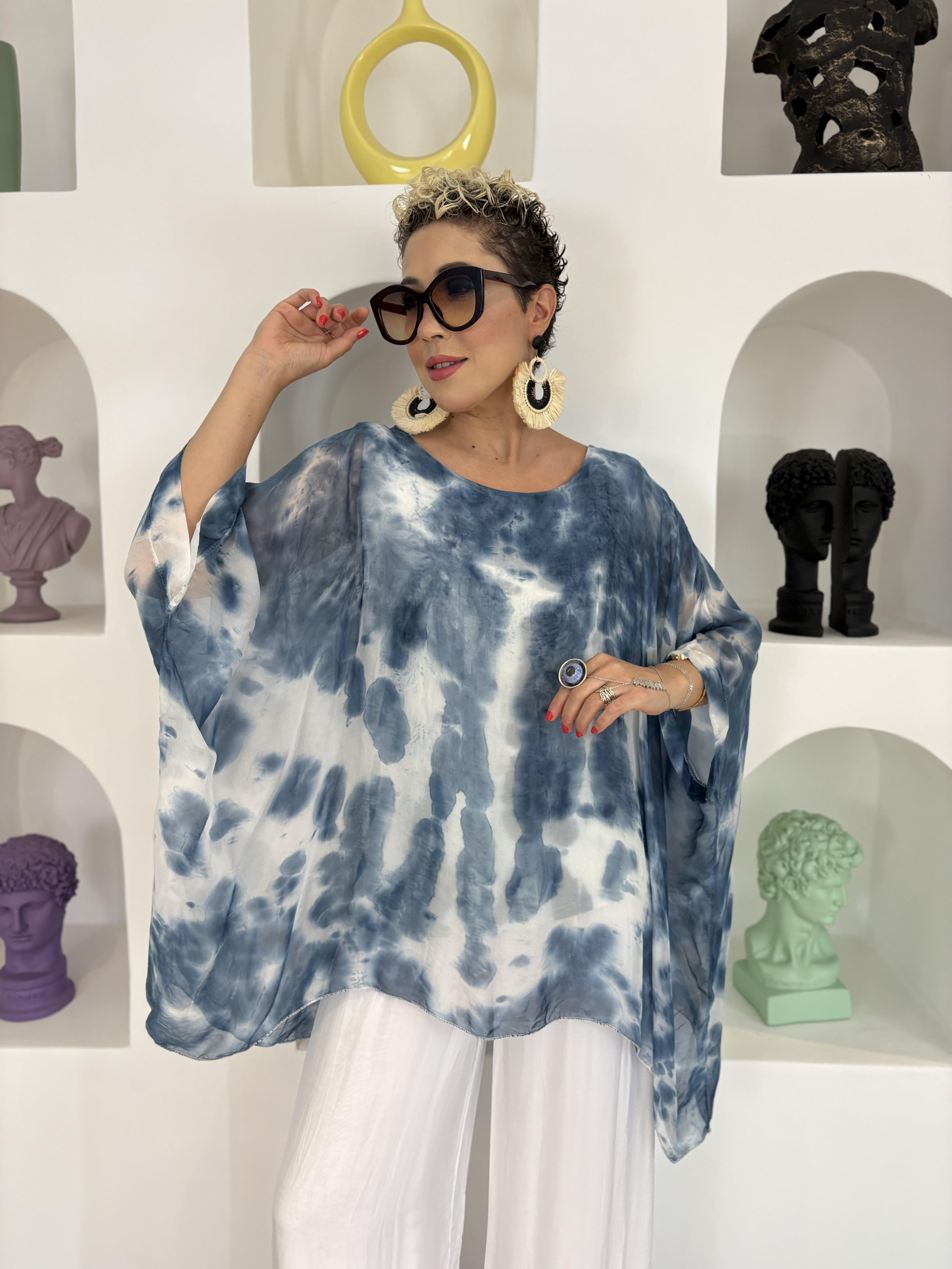 İtalyan Batik Desen Mavi İpek Bluz