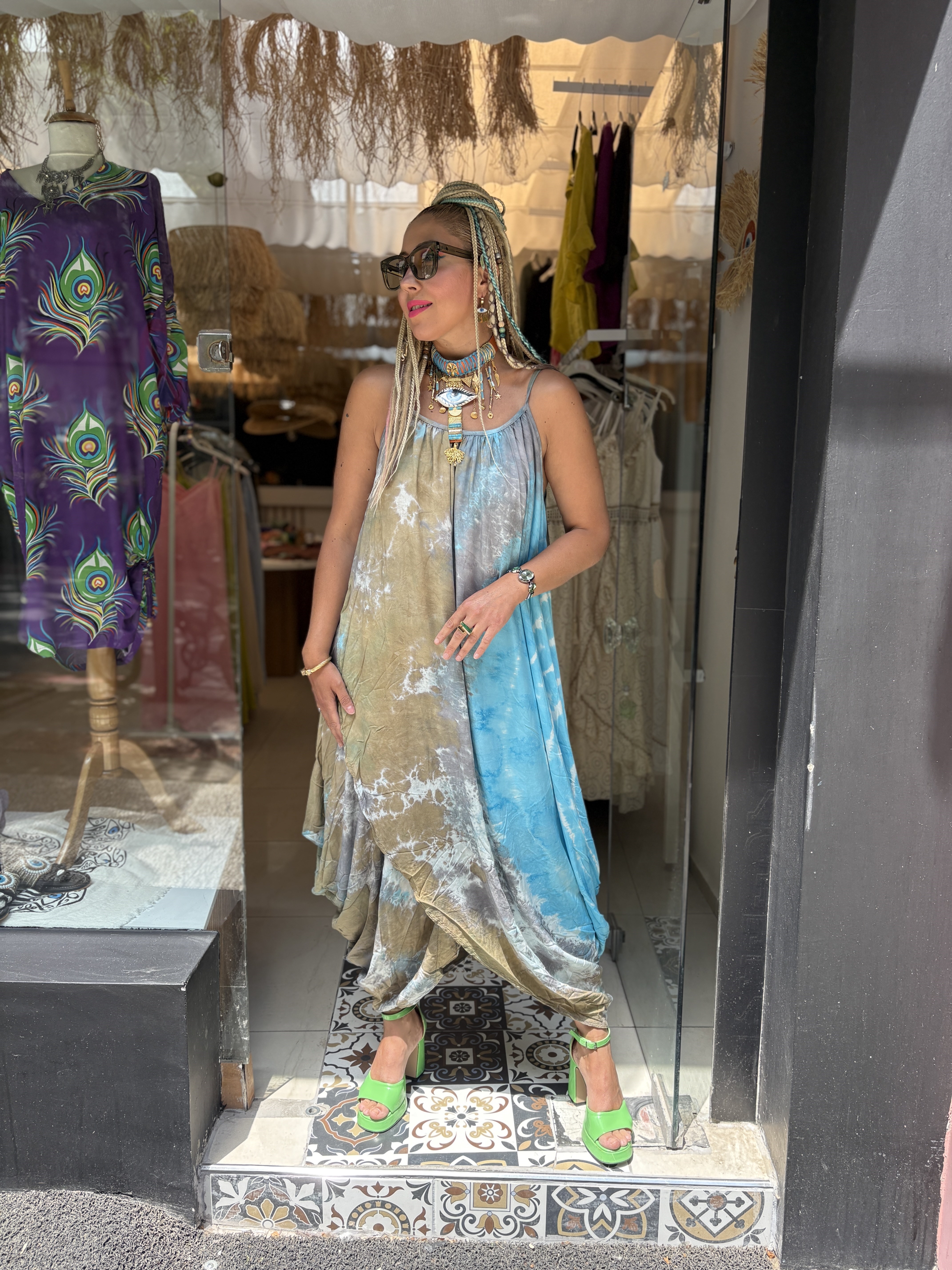 İtalyan Batik Desenli Askılı Turkuaz Şalvar Elbise