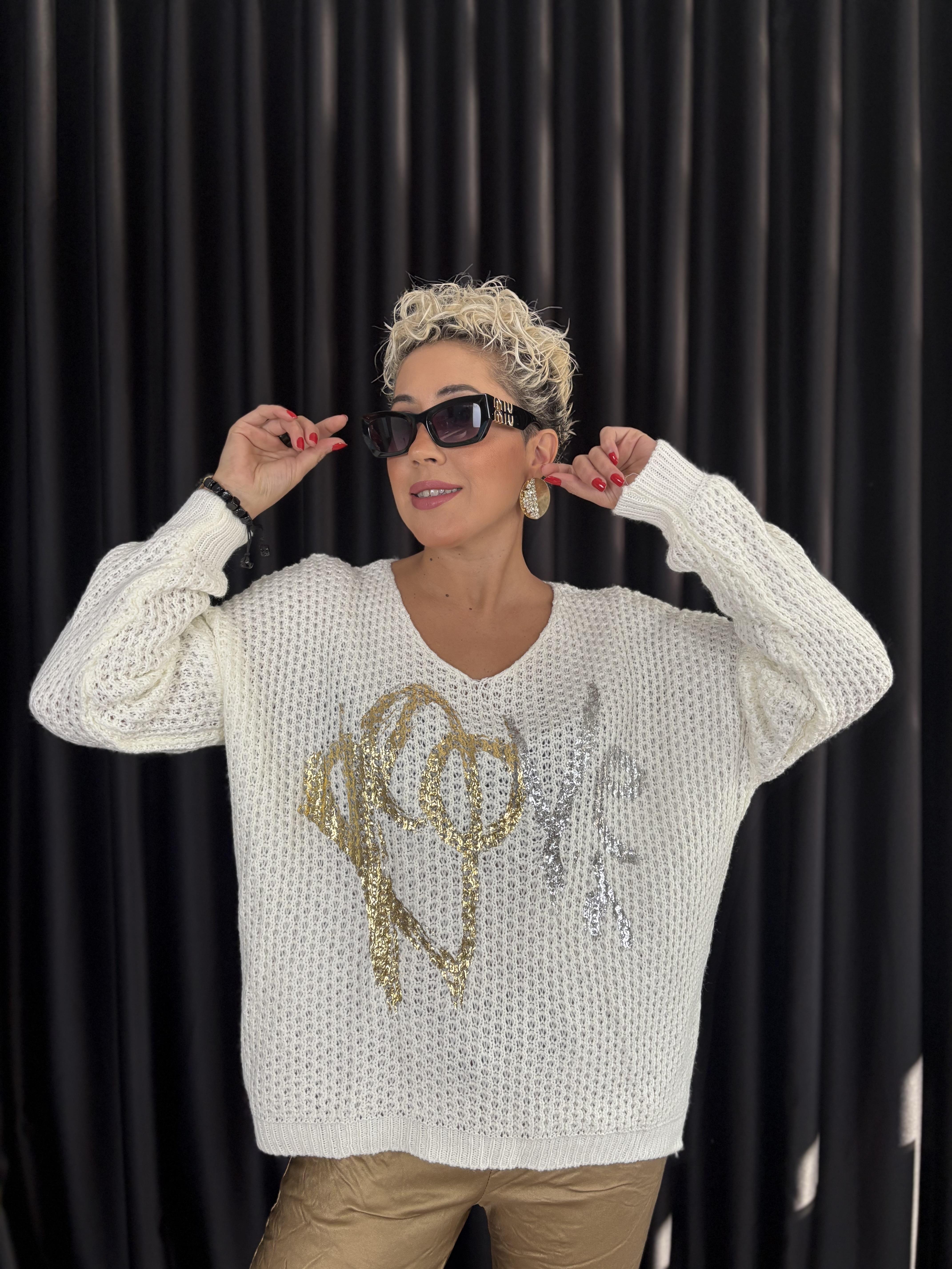 İtalyan Beyaz Örme Varaklı Bluz