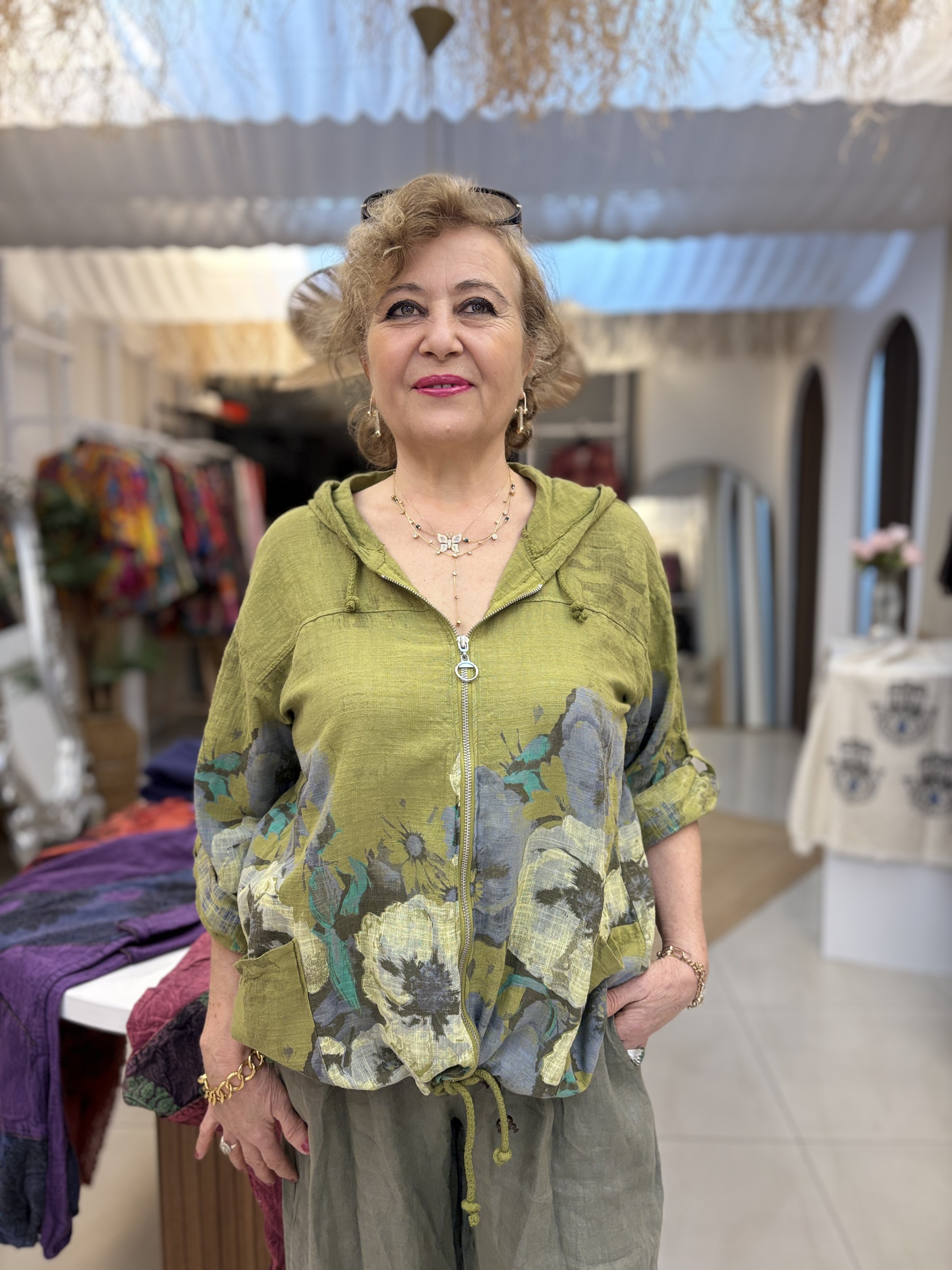 İtalyan Çiçek Desen Kapşonlu Pamuk Keten Yeşil Ceket