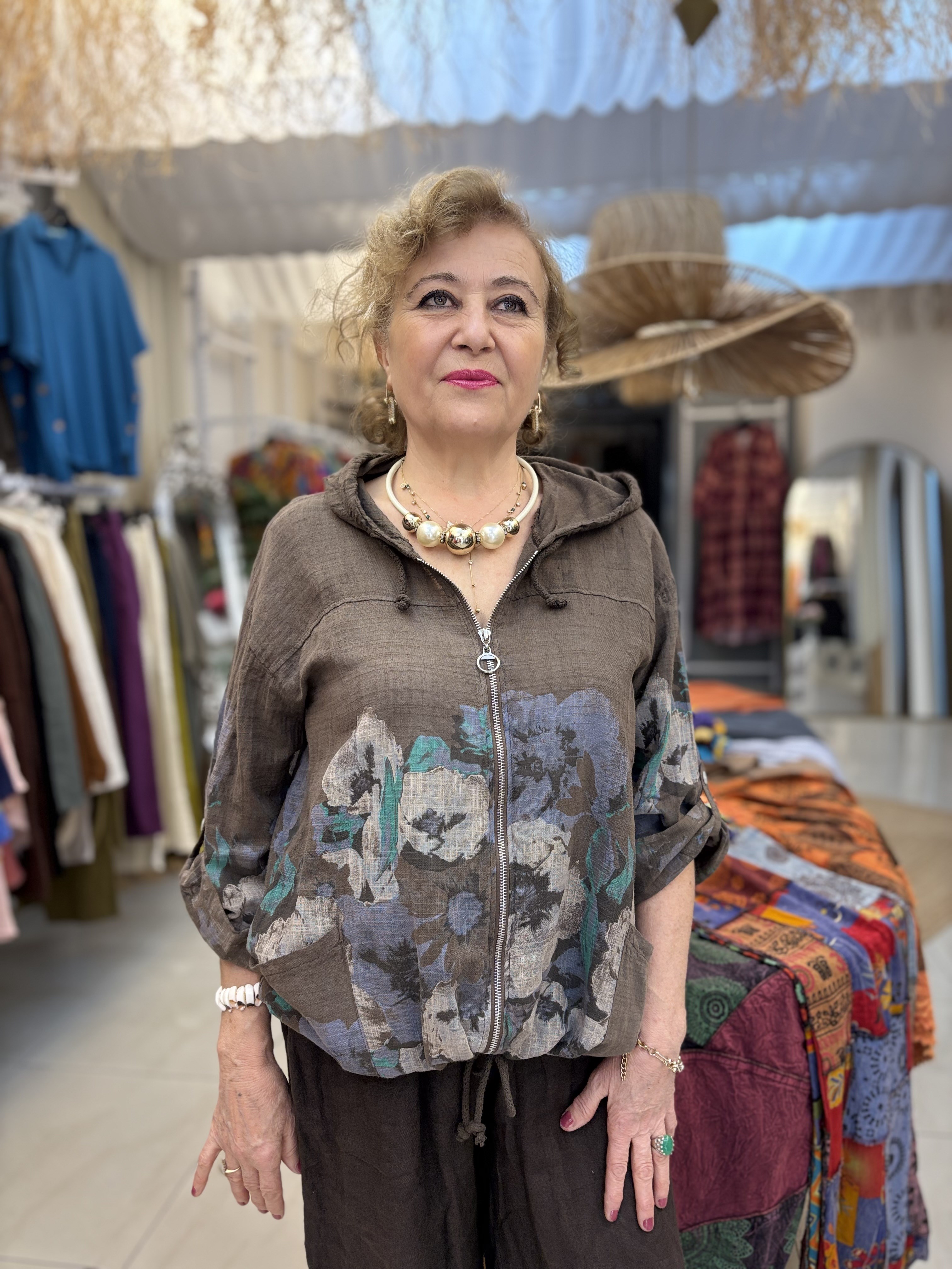 İtalyan Çiçek Desen Kapşonlu Pamuk Keten Acı Kahve Ceket