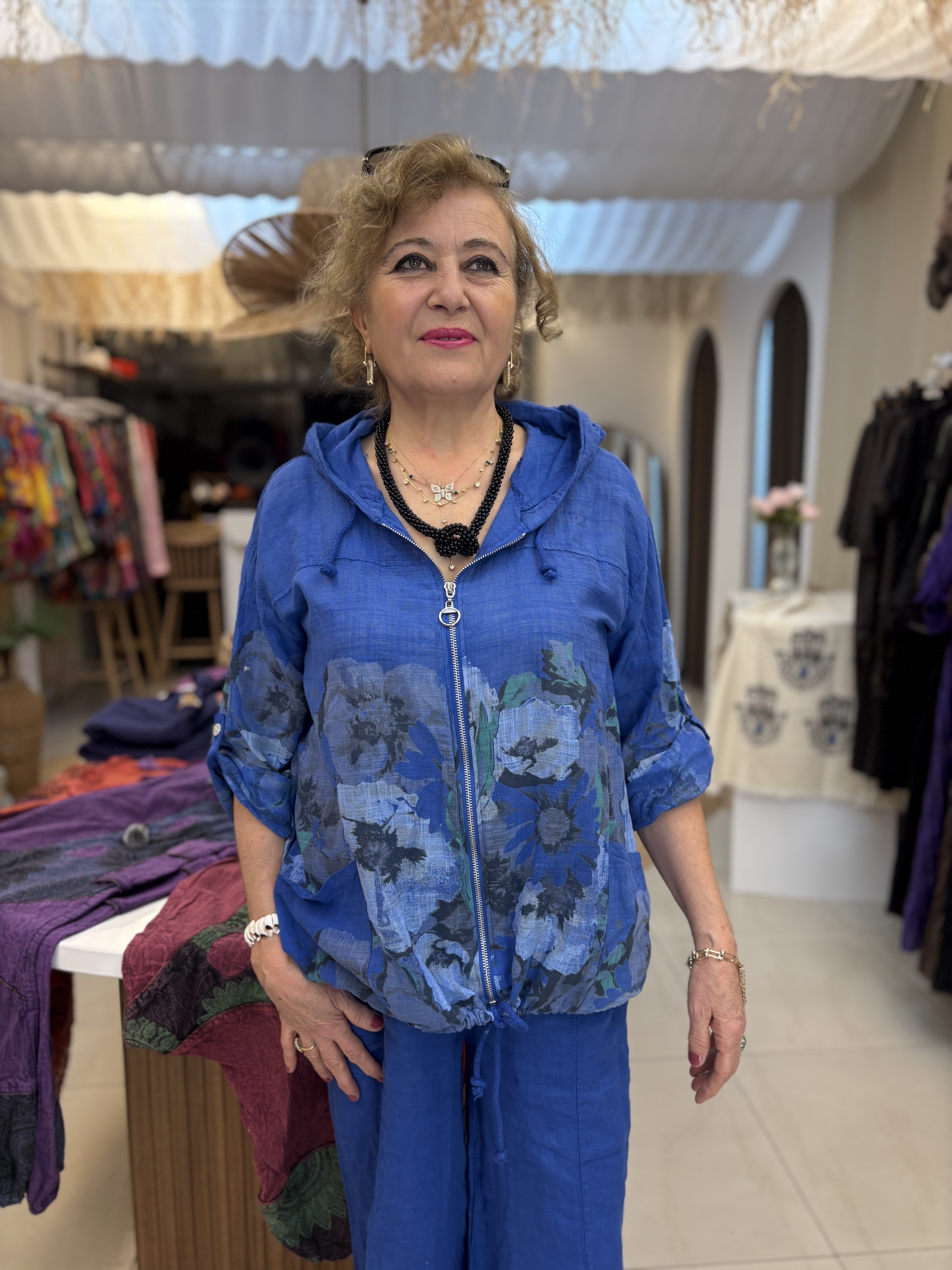 İtalyan Çiçek Desen Kapşonlu Pamuk Keten Sax Mavi Ceket