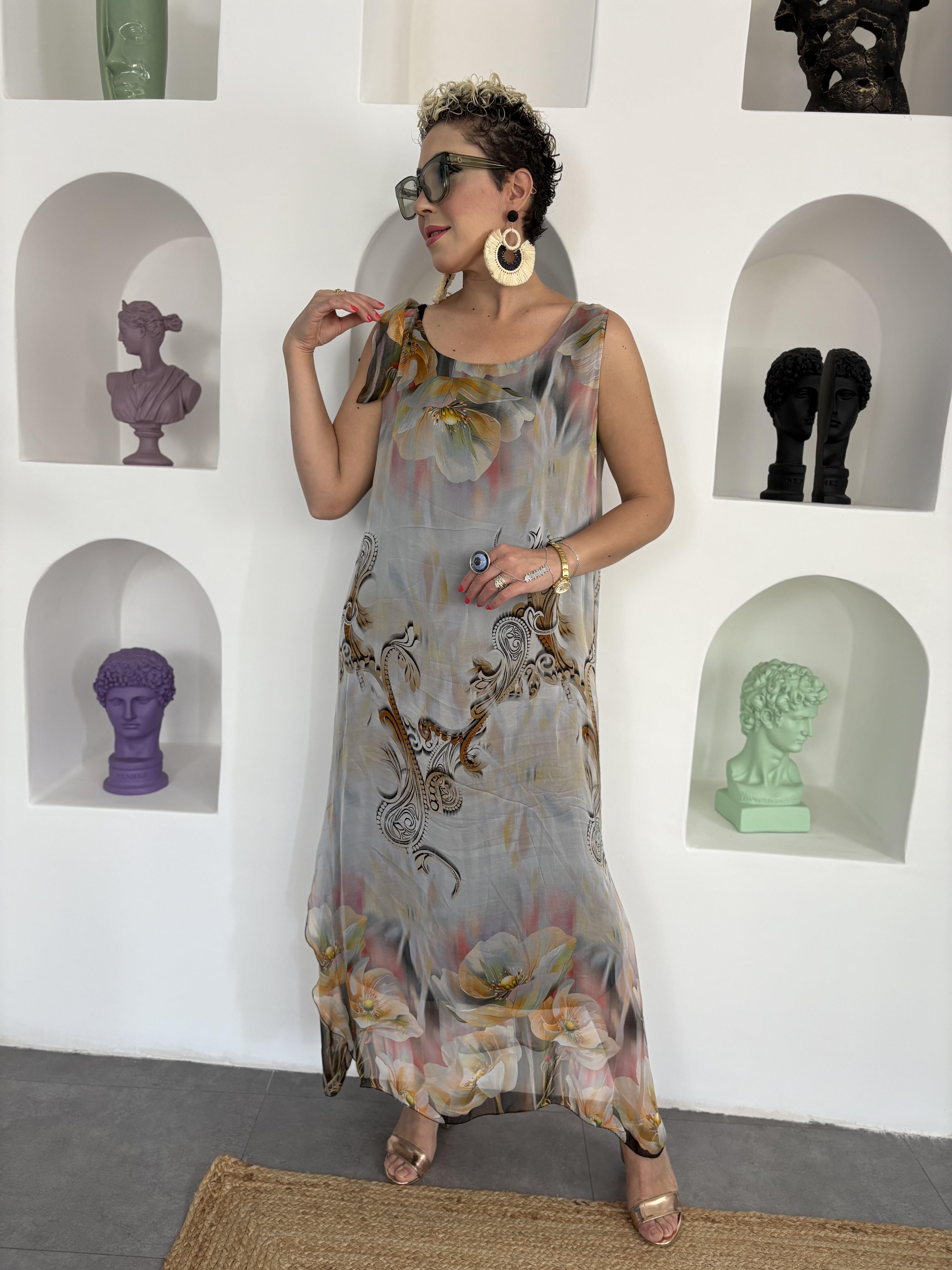 İtalyan Çiçek Desenli Askılı Siyah İpek Elbise