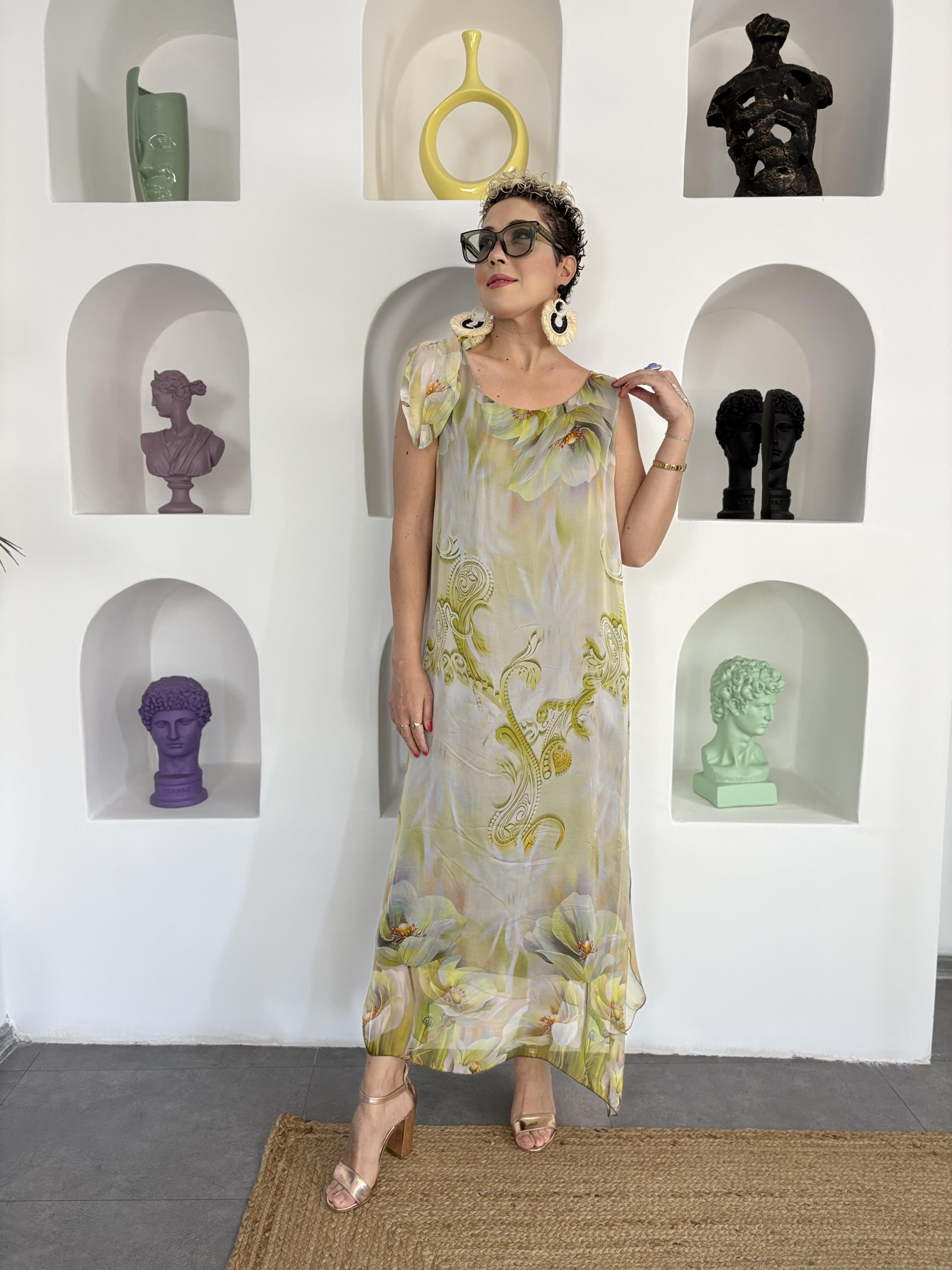 İtalyan Çiçek Desenli Askılı Yeşil İpek Elbise