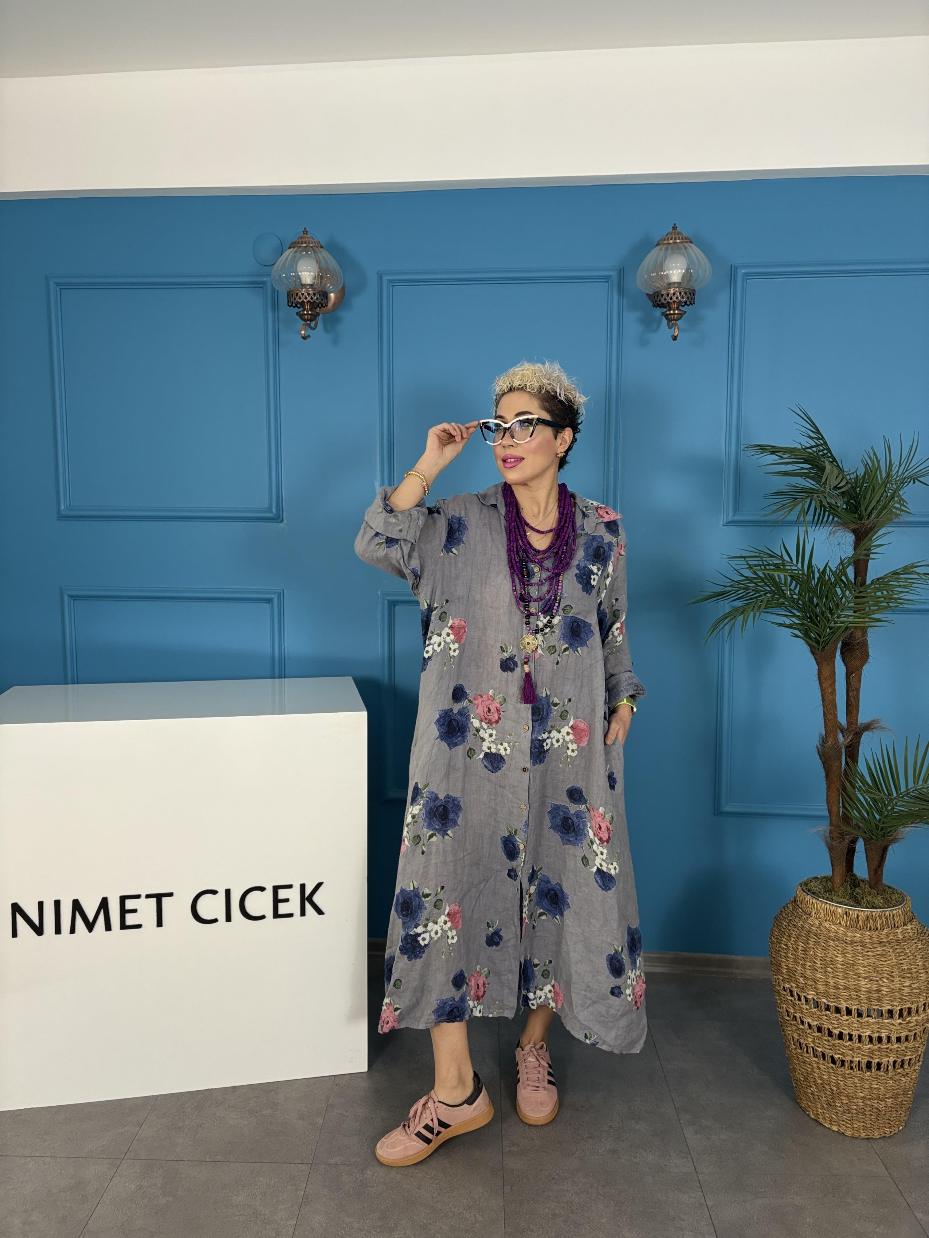 İtalyan Çiçek Desenli Gri Pamuk Keten Elbise