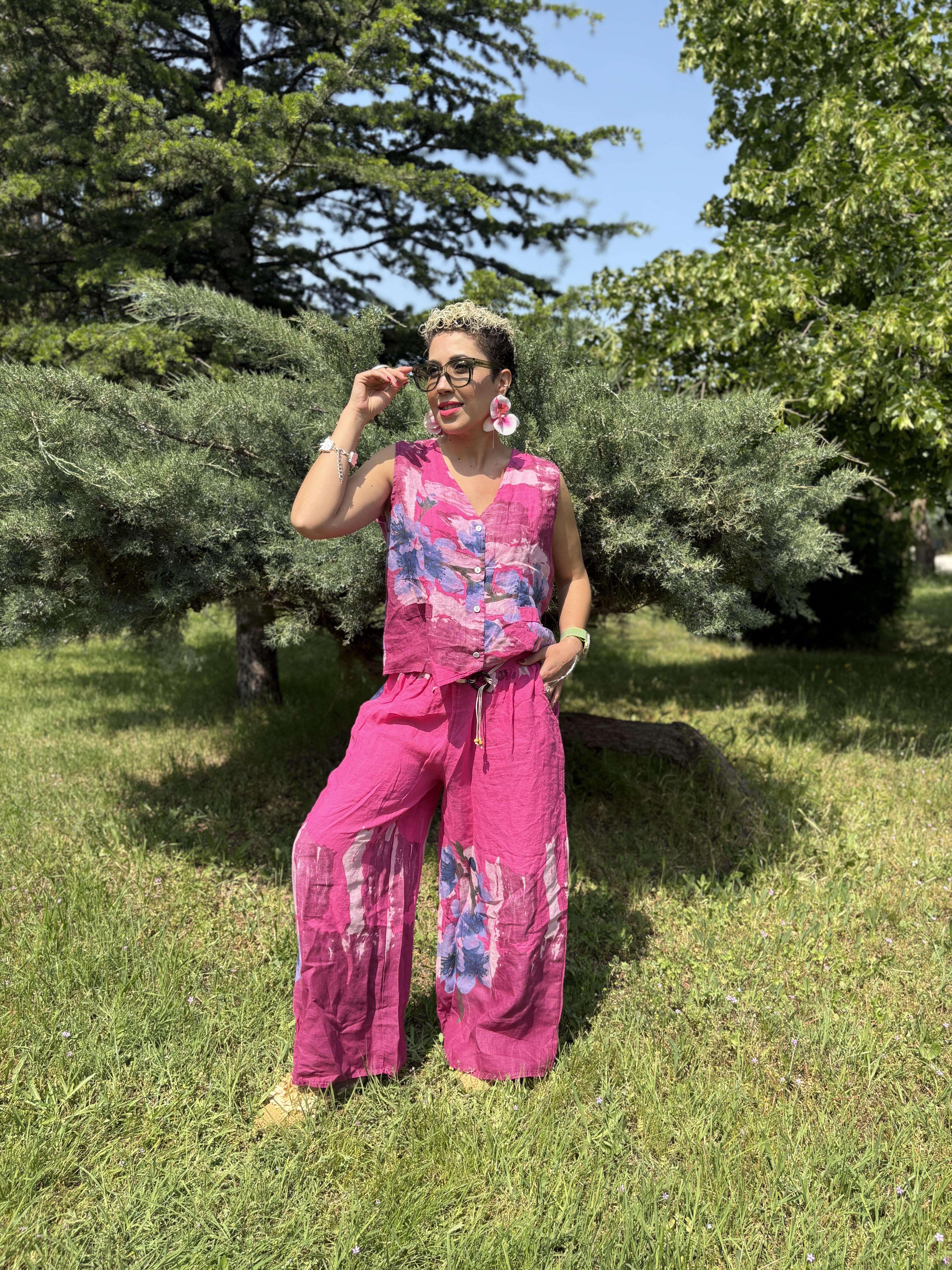 İtalyan Çiçek Desenli Ham Keten Pembe Yelekli Takım