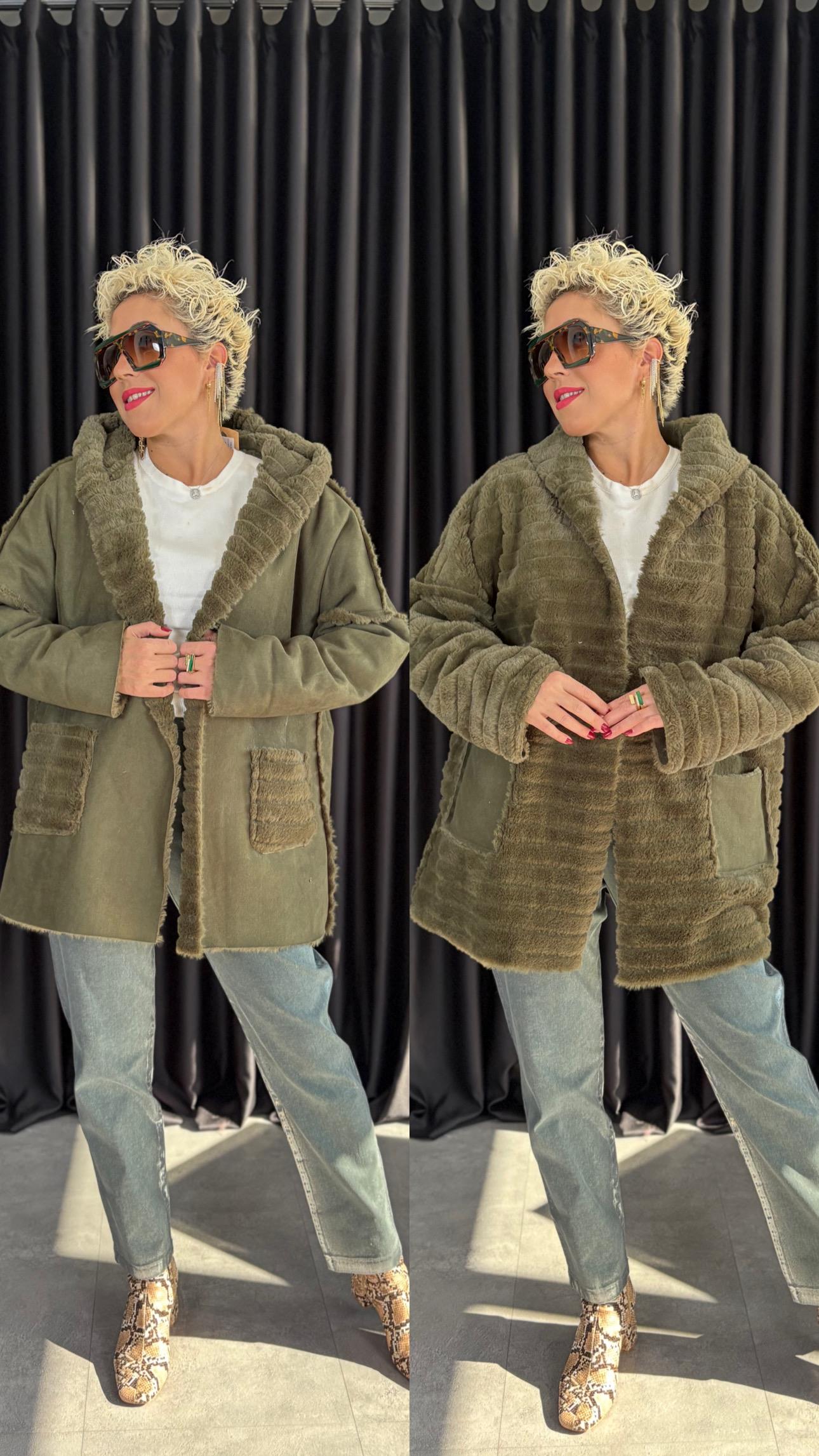 İtalyan Çift Taraflı Haki Kısa Kürk