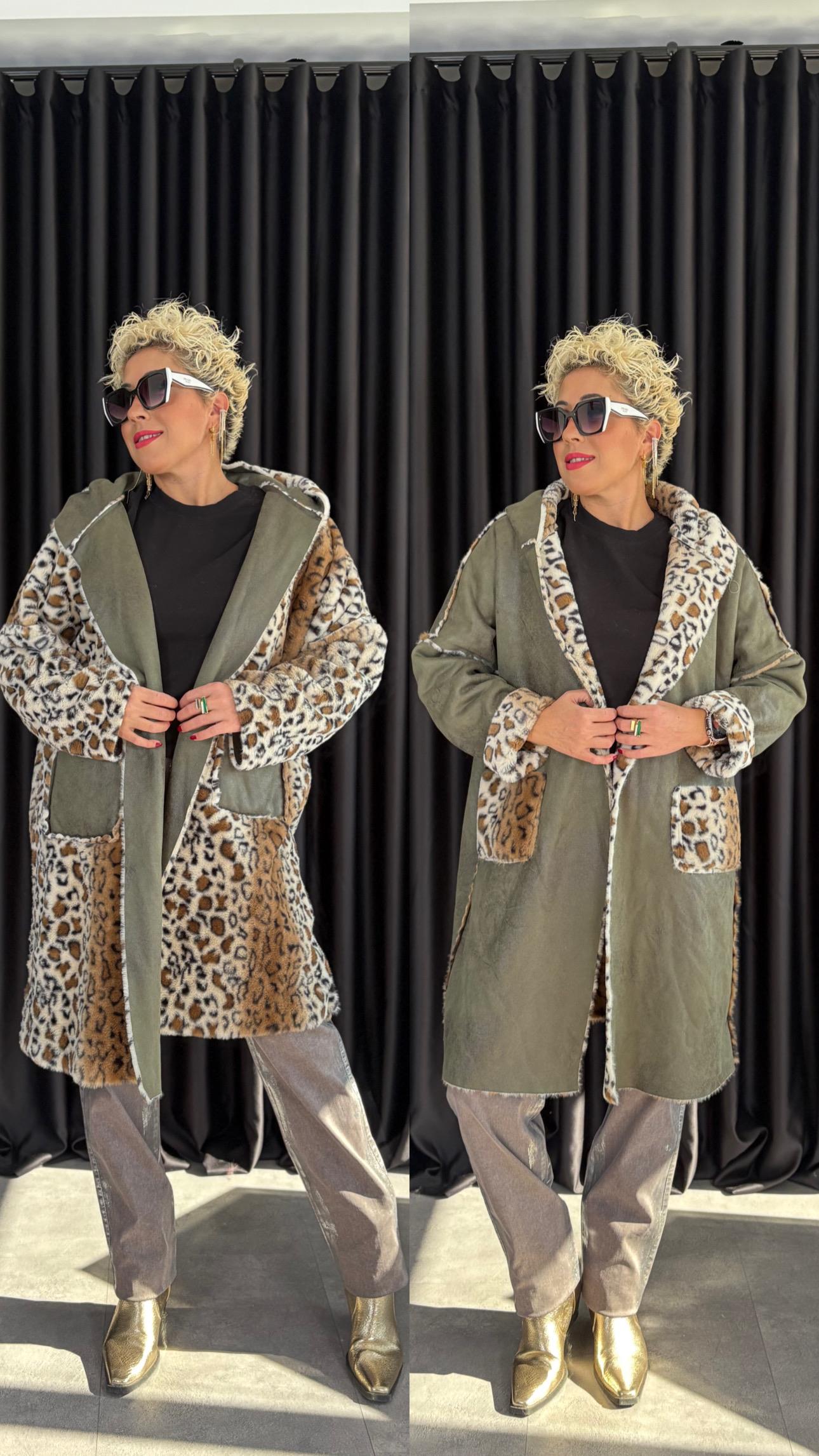 İtalyan Çift Taraflı Haki Leopar Kürk