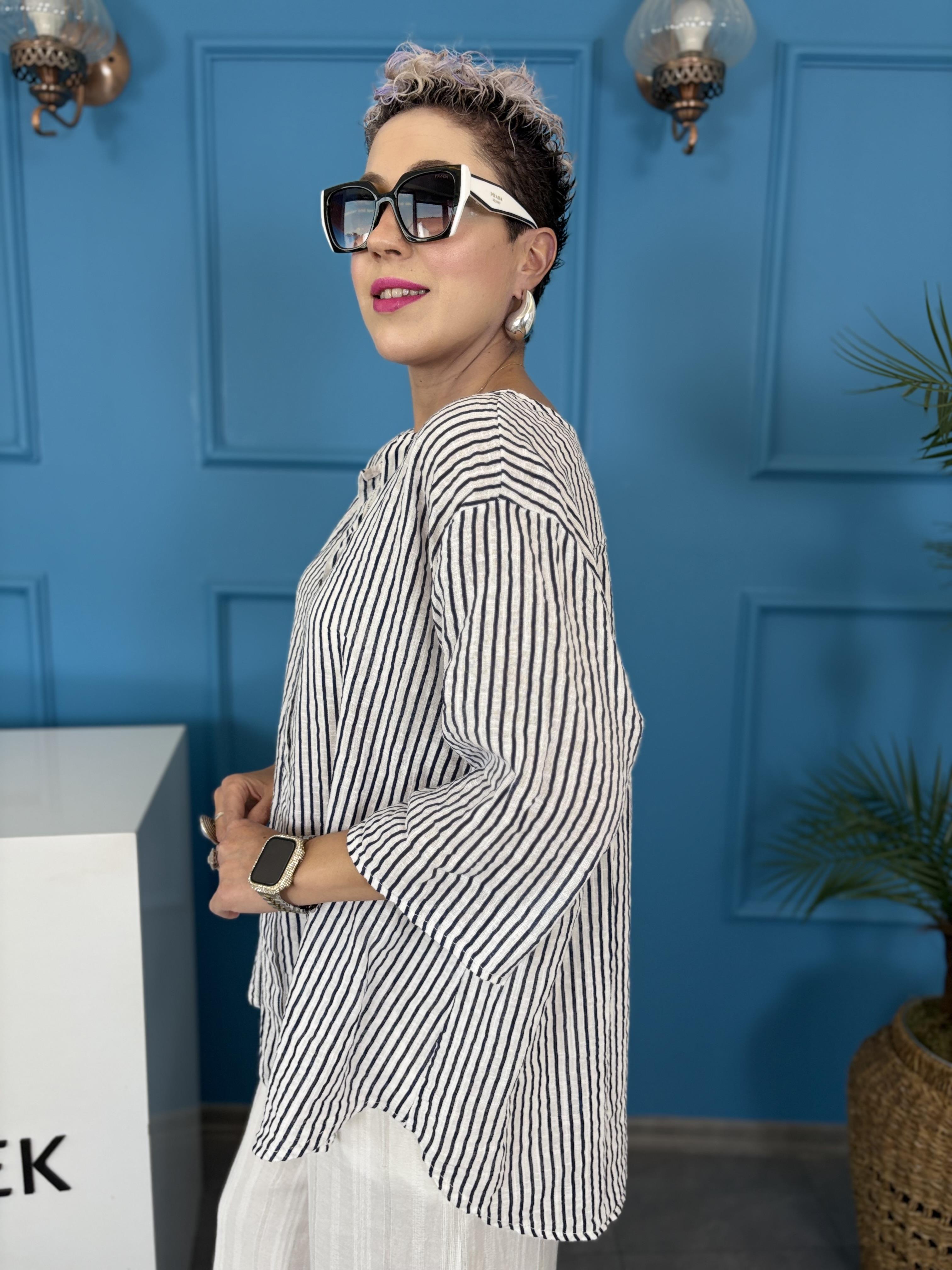 İtalyan Çizgili Beyaz Keten Bluz