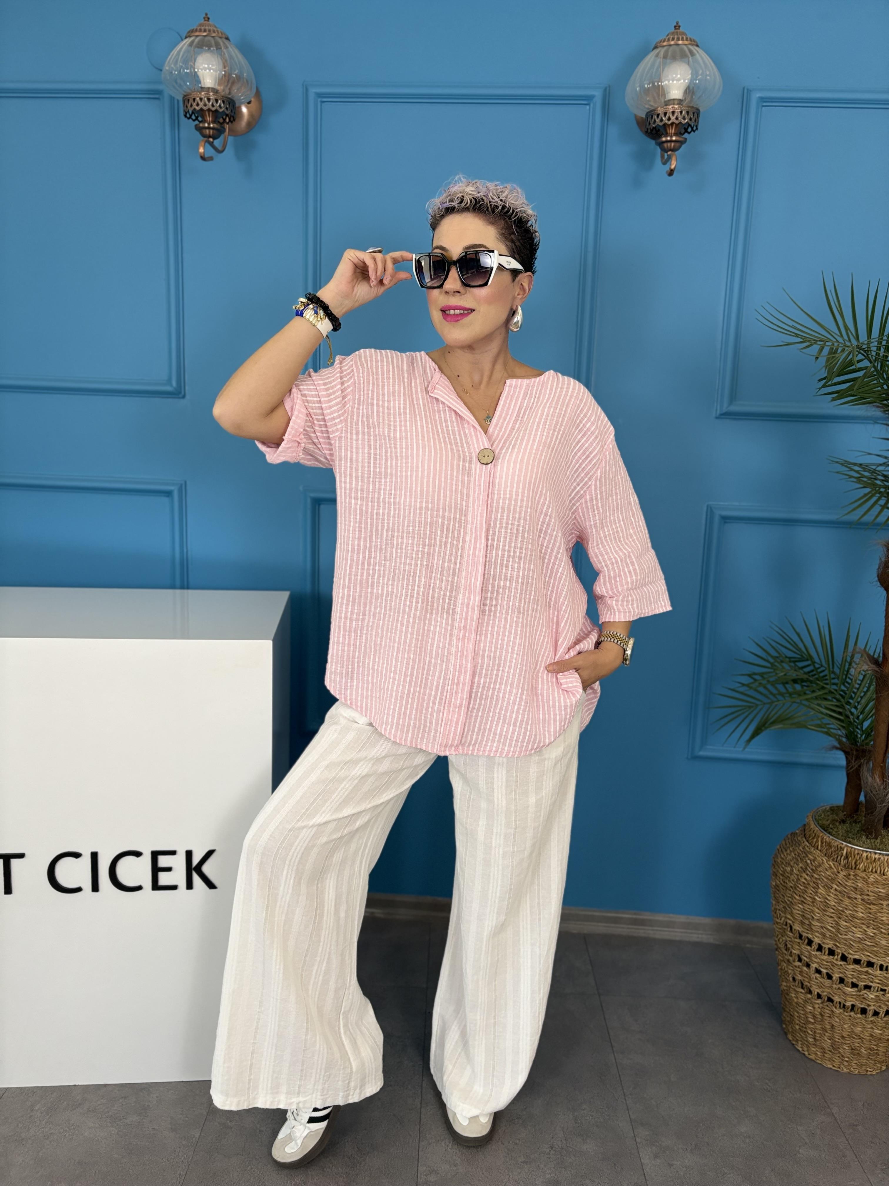 İtalyan Çizgili Pembe Keten Bluz