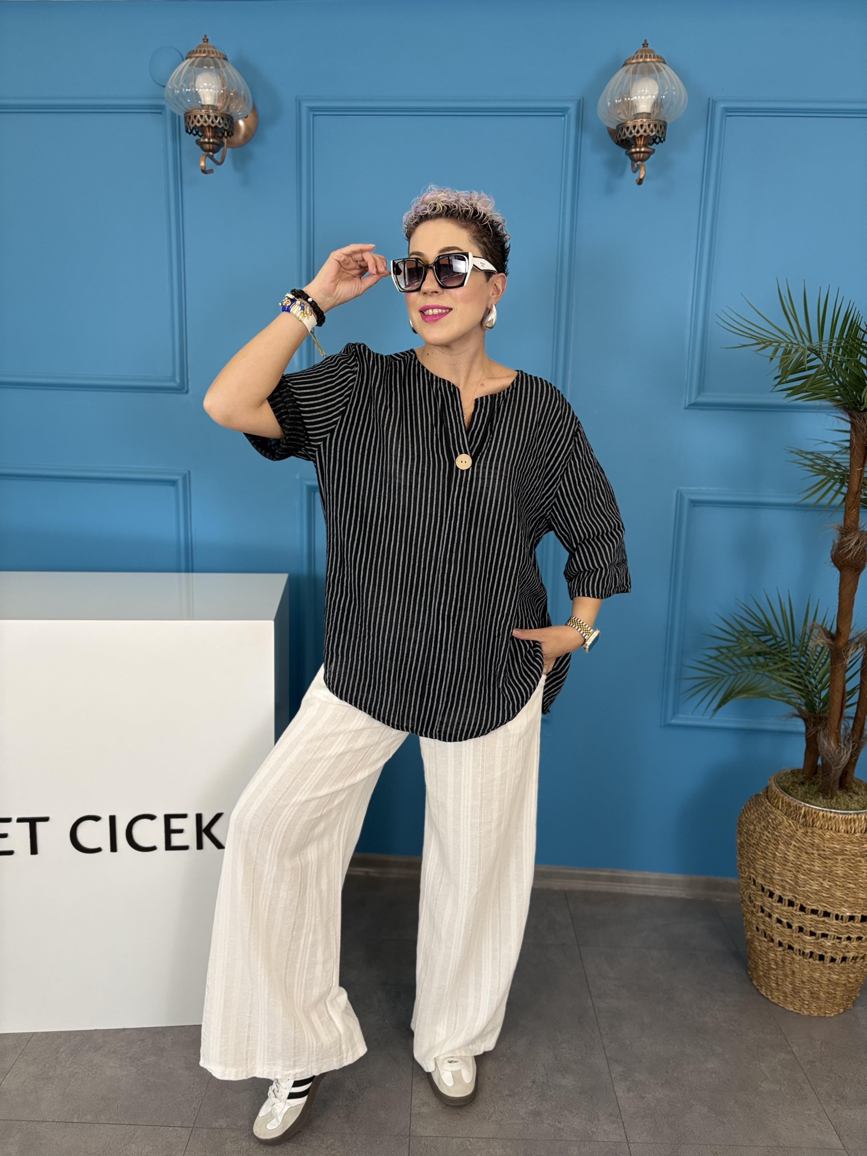 İtalyan Çizgili Siyah Keten Bluz