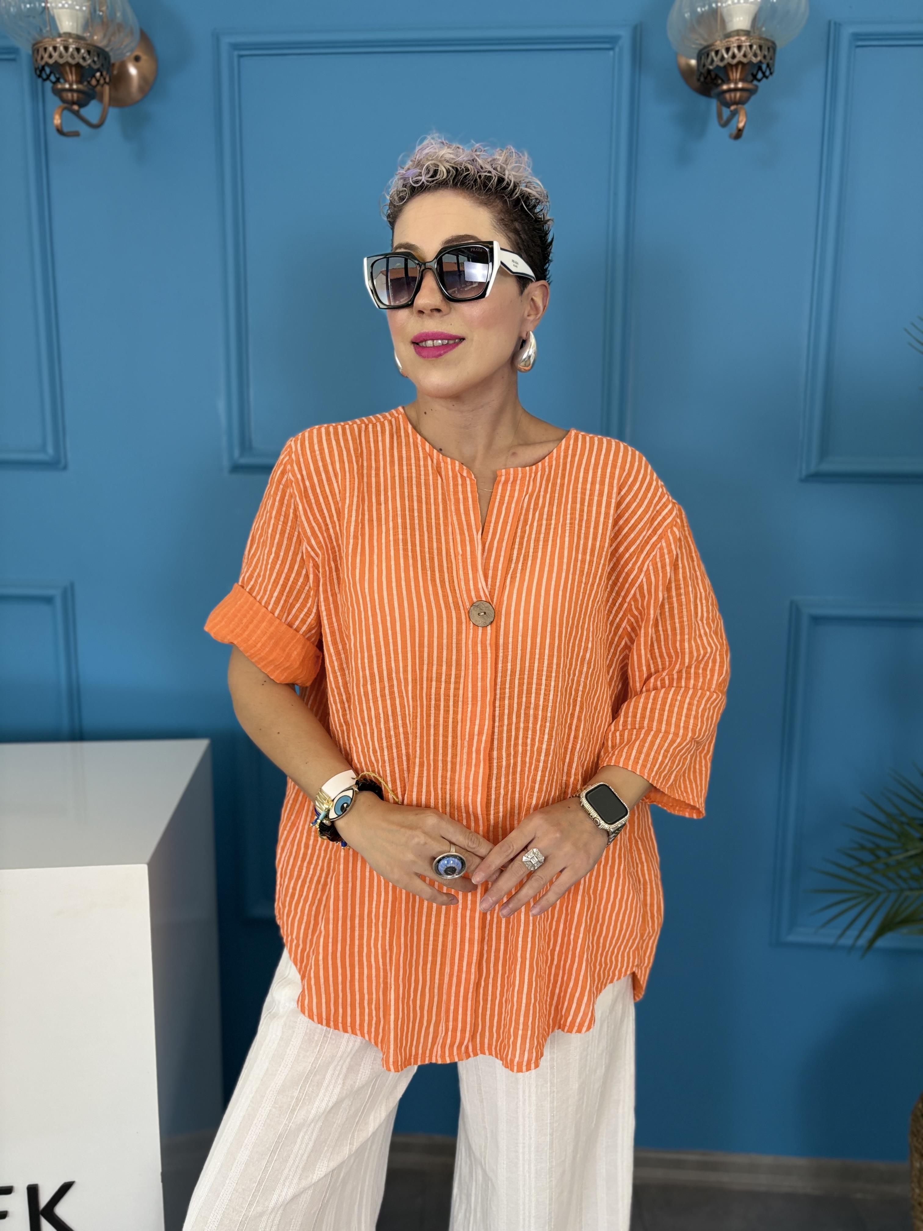 İtalyan Çizgili Turuncu Keten Bluz