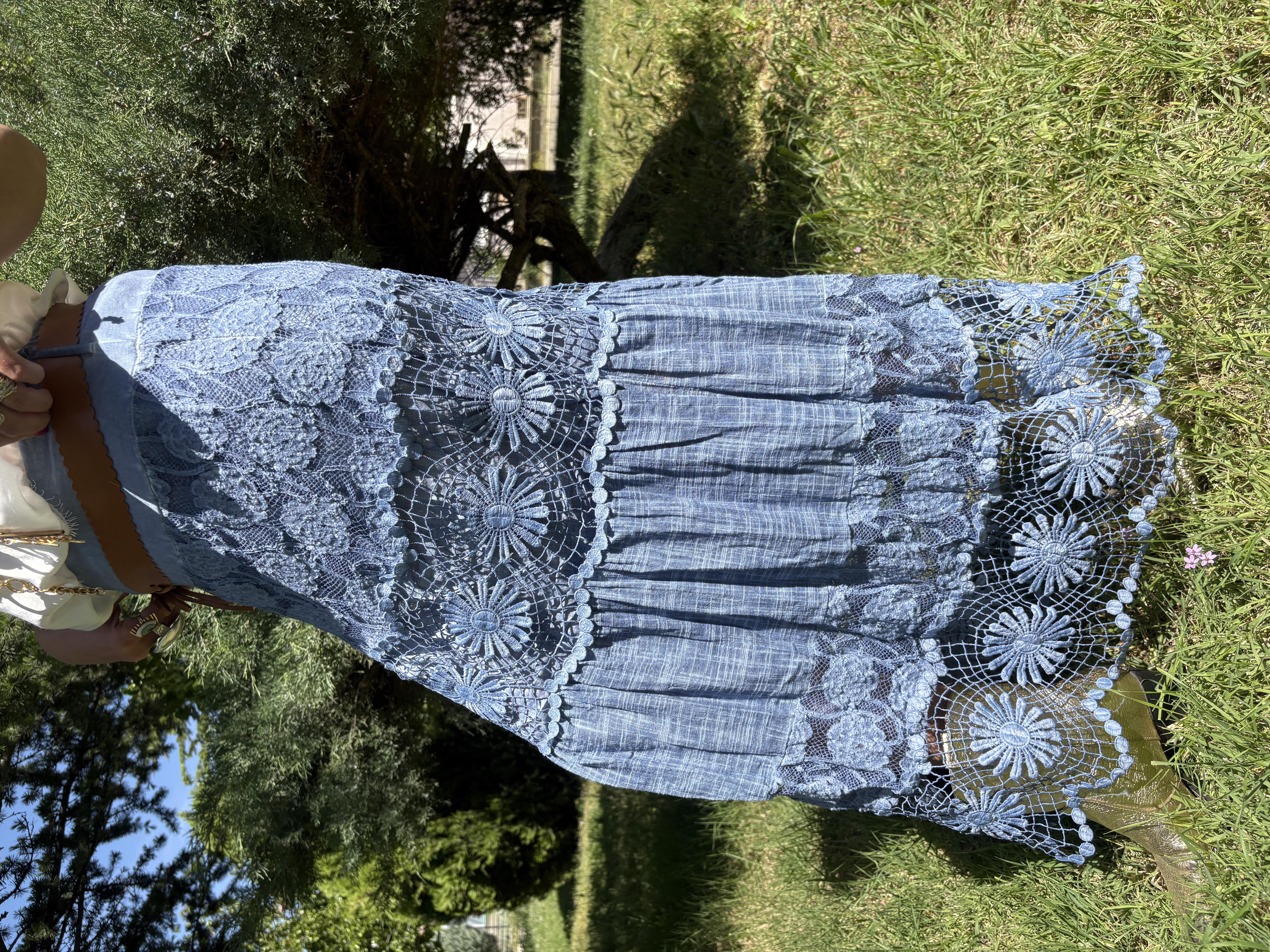 İtalyan Dantel Detaylı Astarlı Keten Mavi Etek