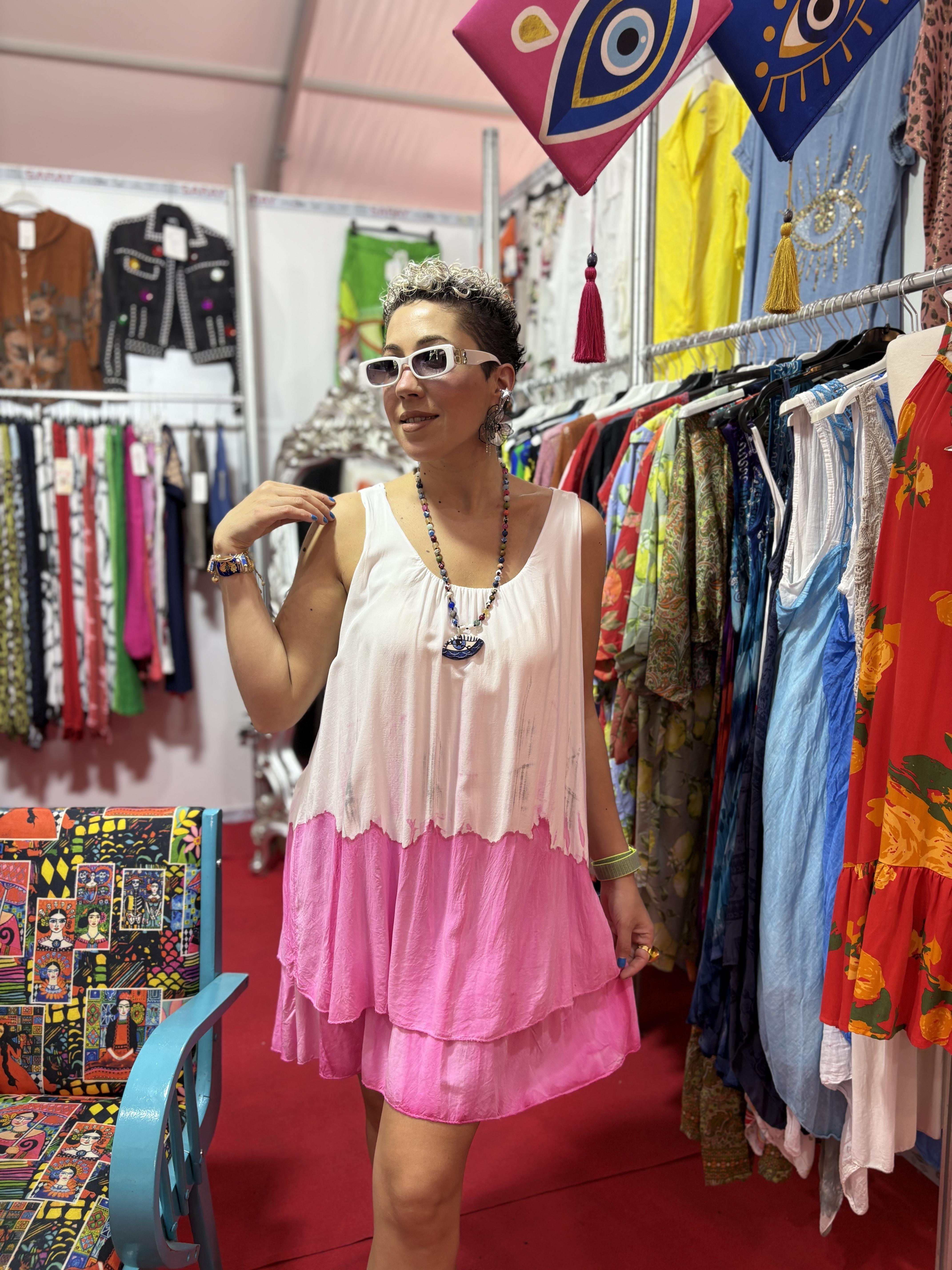 İtalyan Dantel Detaylı Pembe Elbise