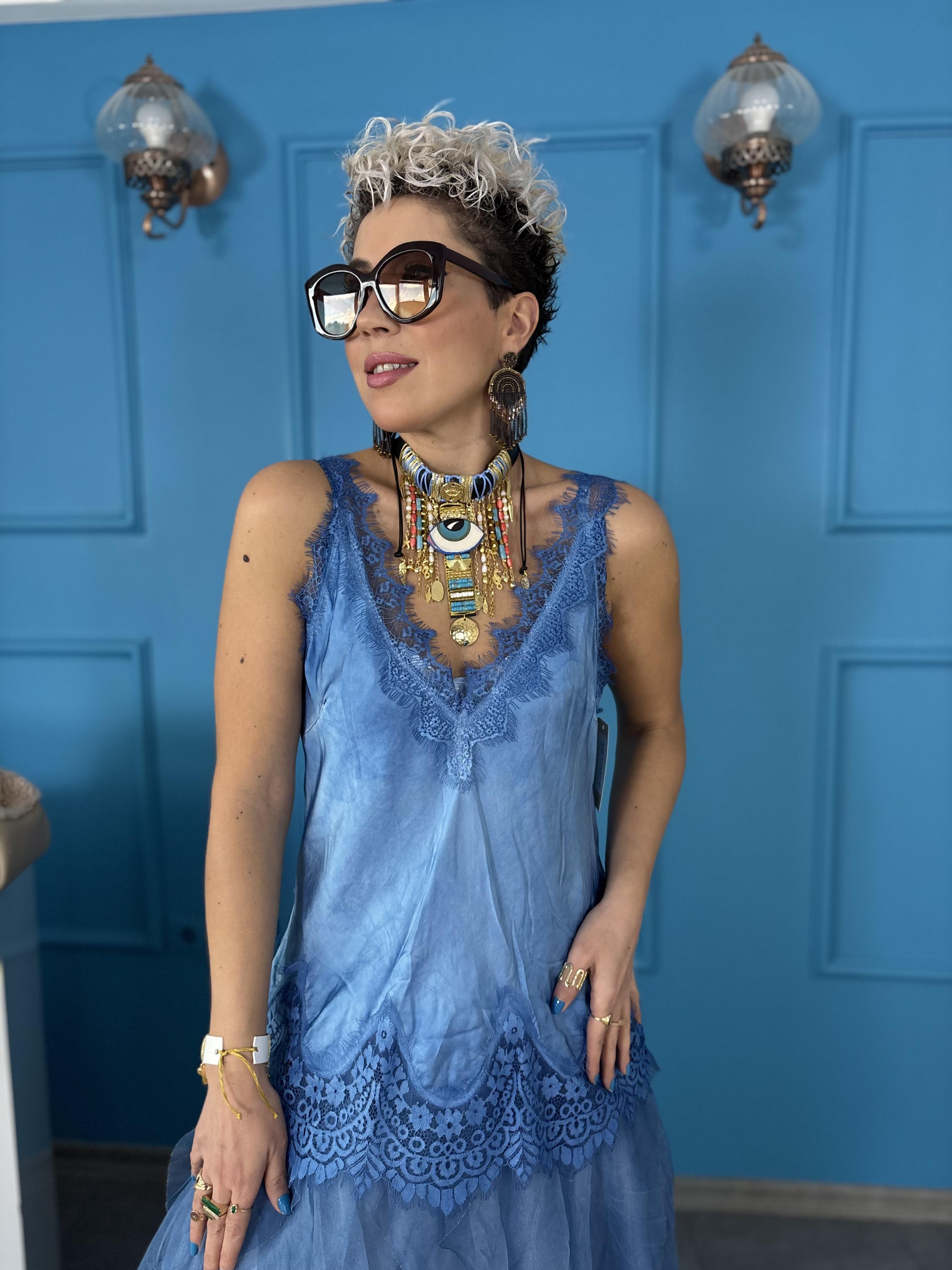 İtalyan Dantelli İpek Mavi Bluz