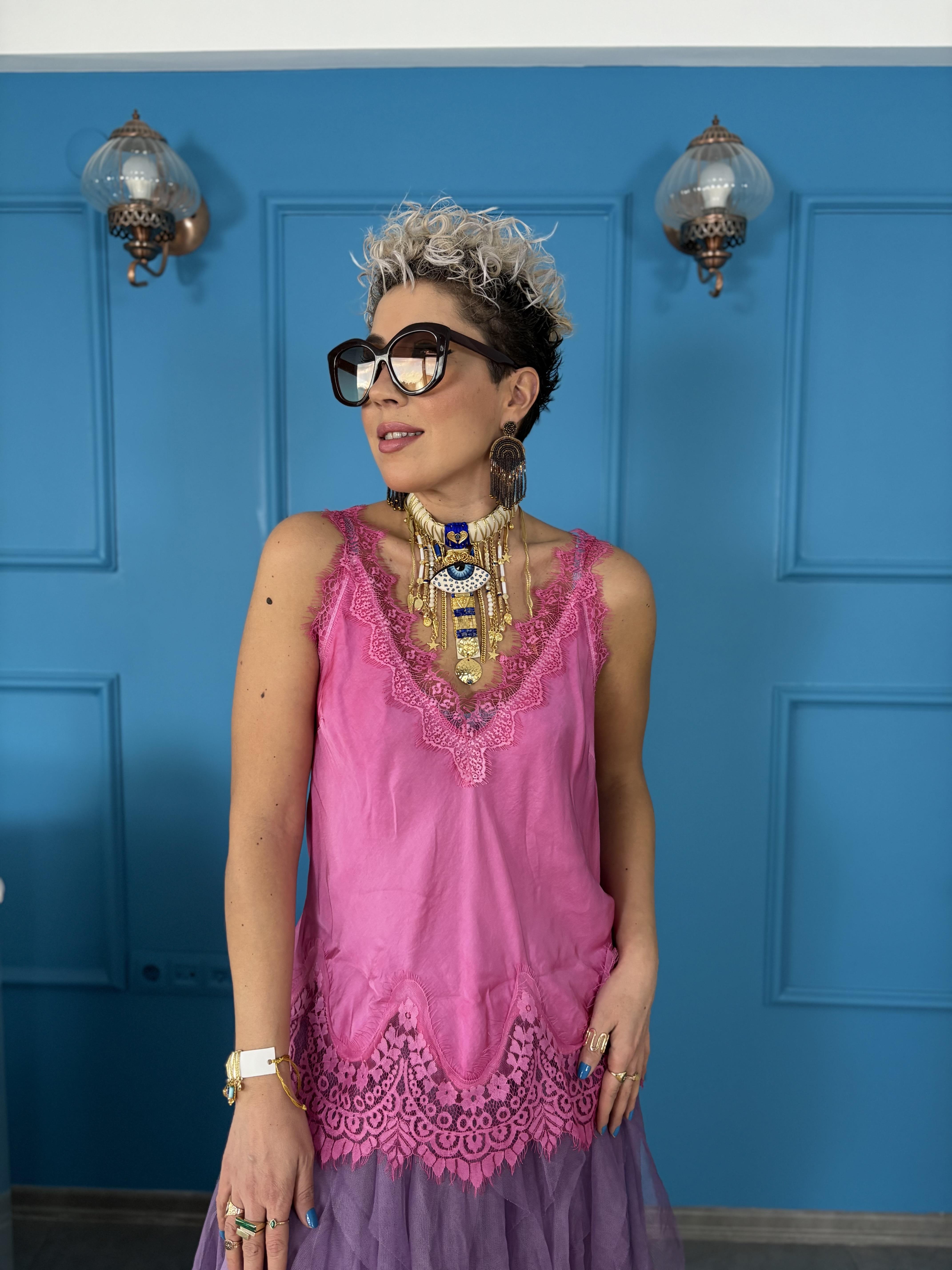 İtalyan Dantelli İpek Pembe Bluz