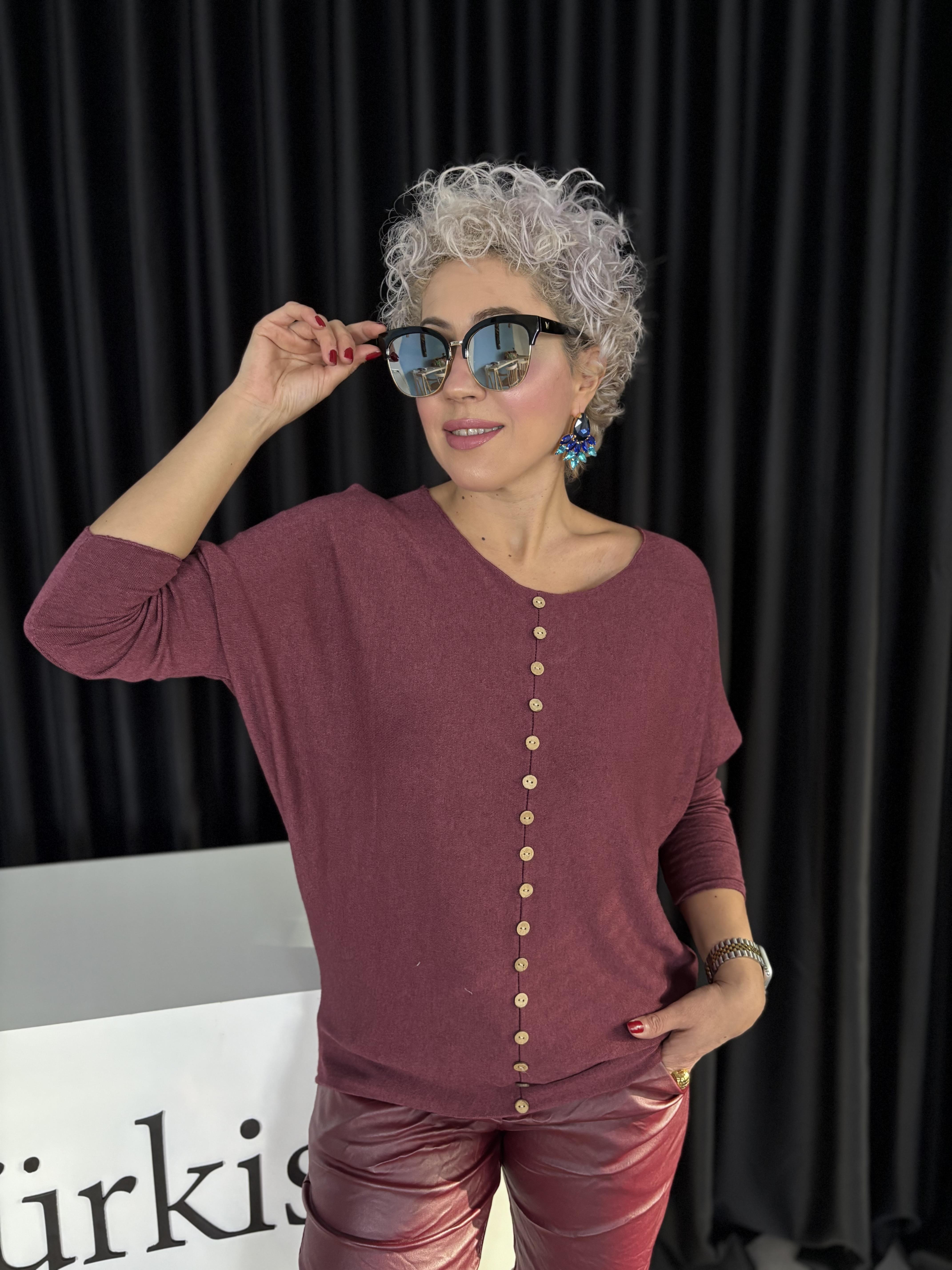 İtalyan Düğmeli Bordo Triko Bluz