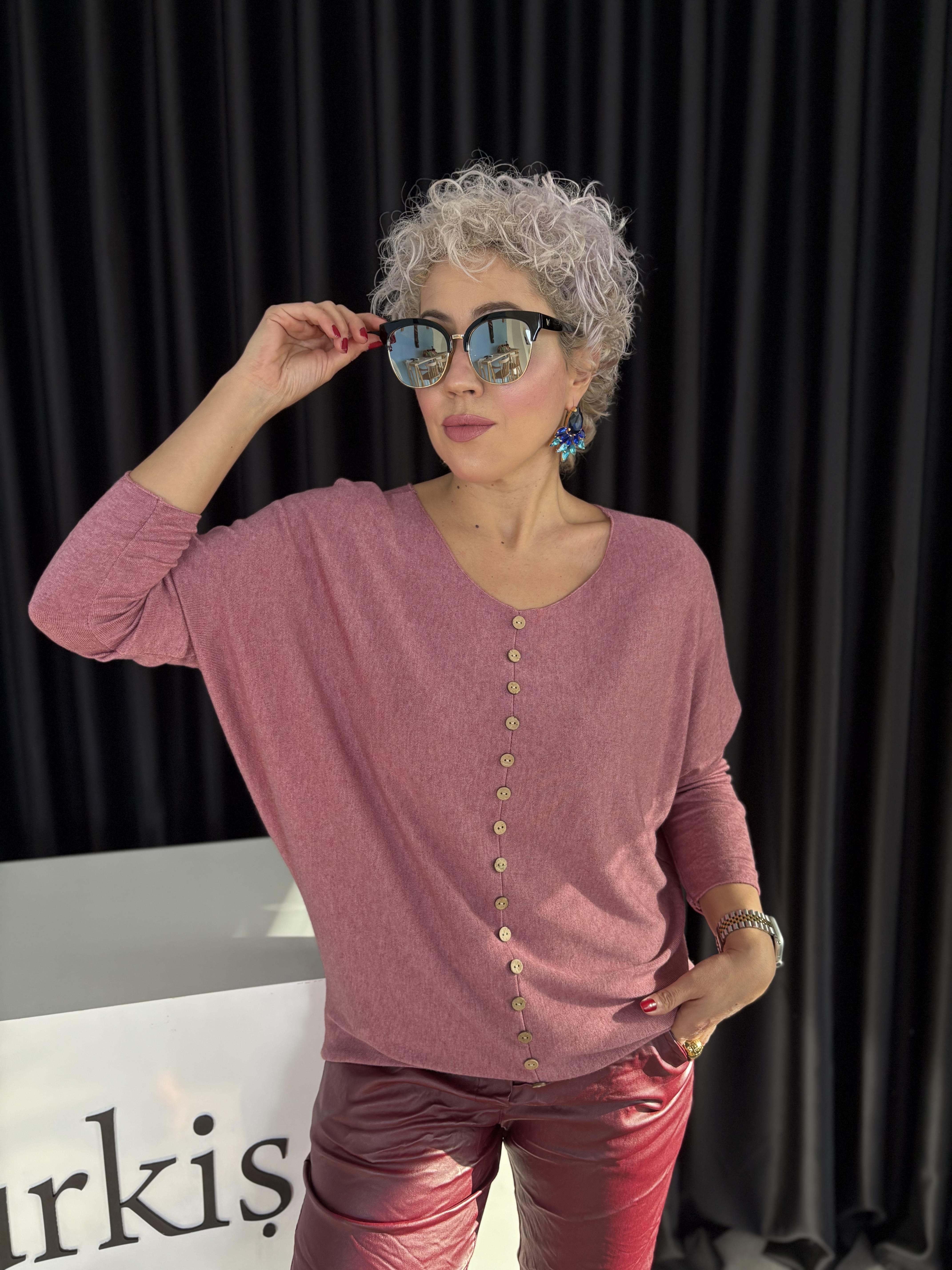 İtalyan Düğmeli Gül Kurusu Triko Bluz