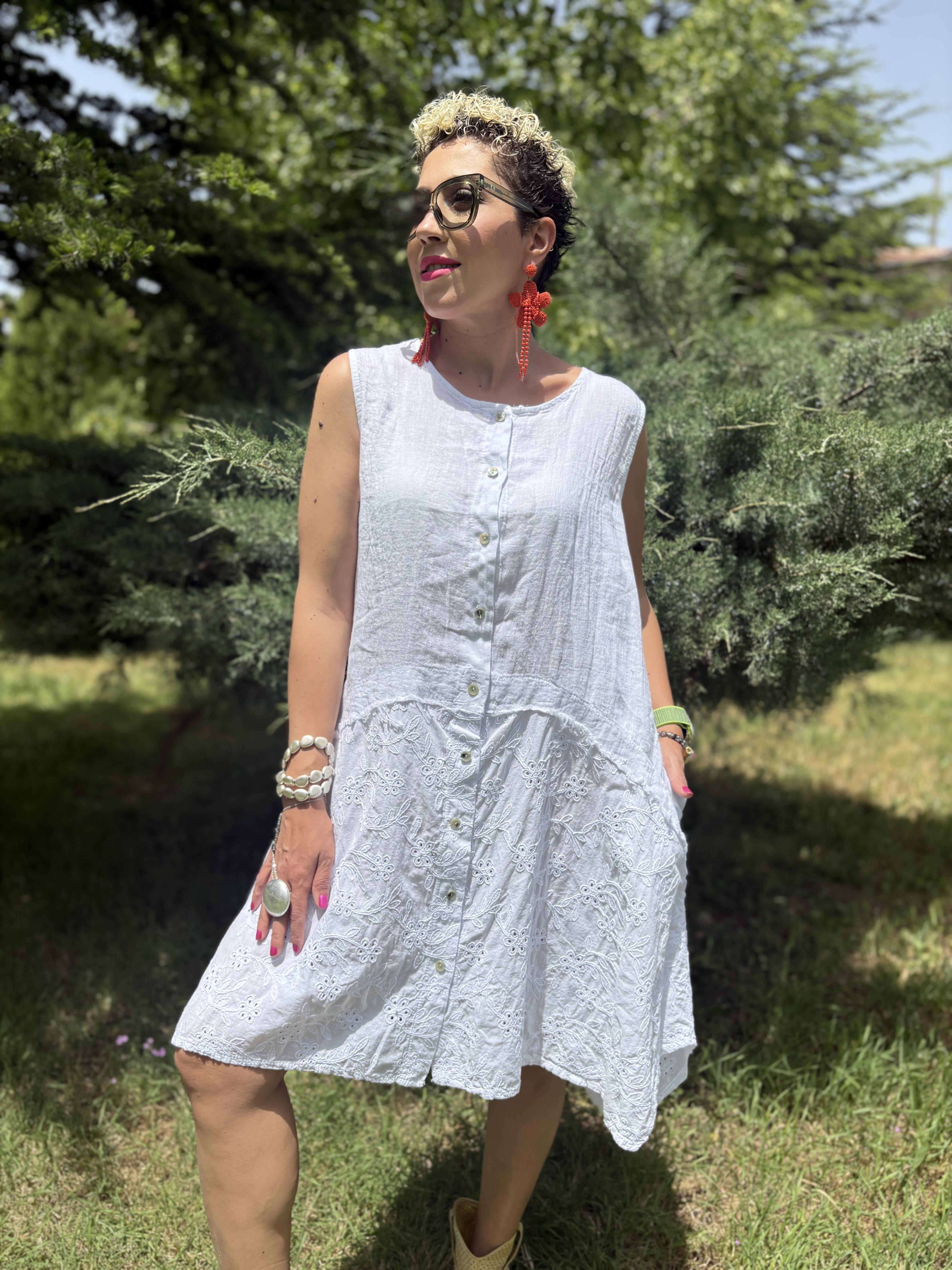 İtalyan Fisto Detaylı Beyaz Pamuk Keten Elbise