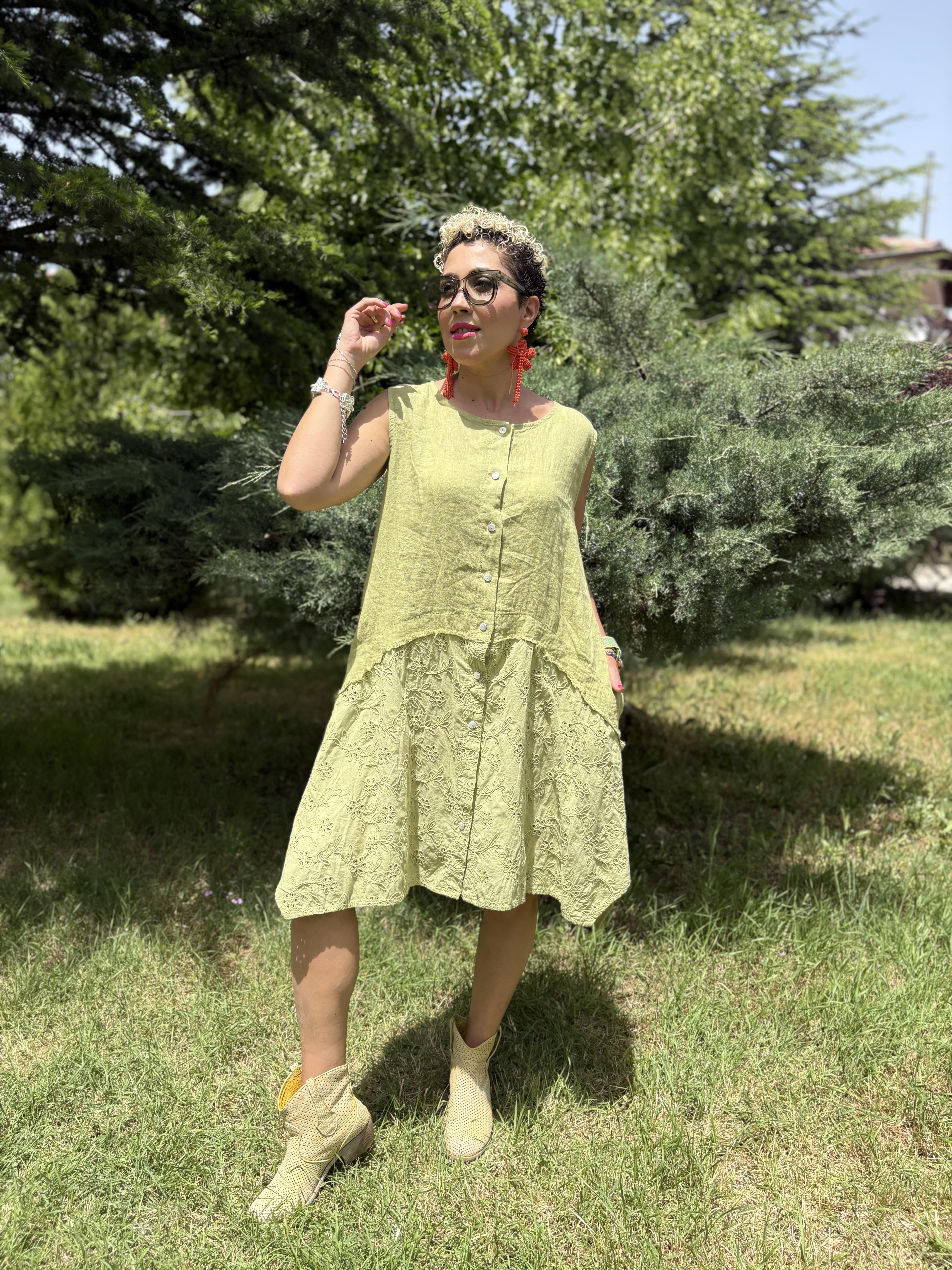 İtalyan Fisto Detaylı Yağ Yeşili Pamuk Keten Elbise