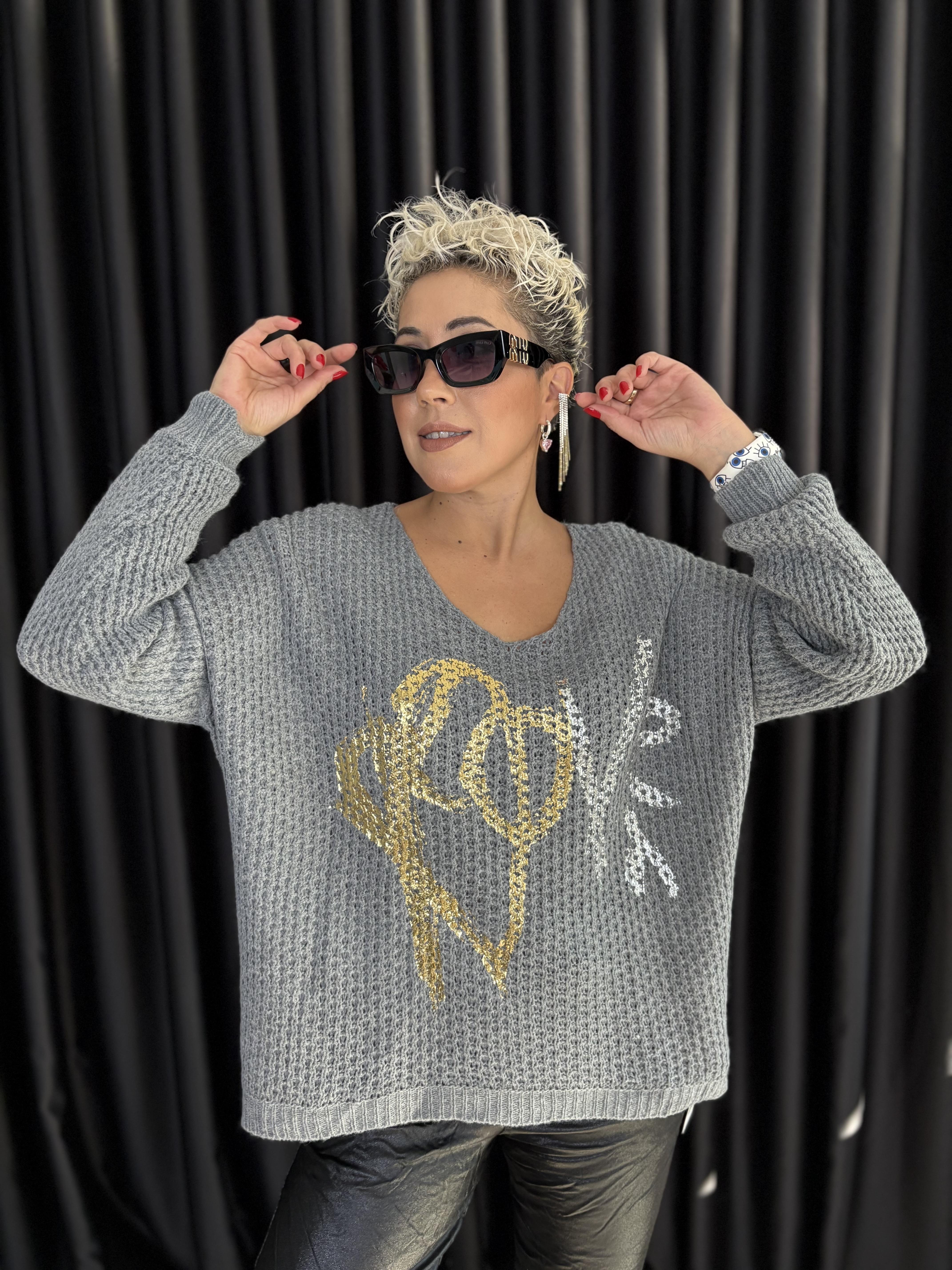 İtalyan Gri Örme Varaklı Bluz