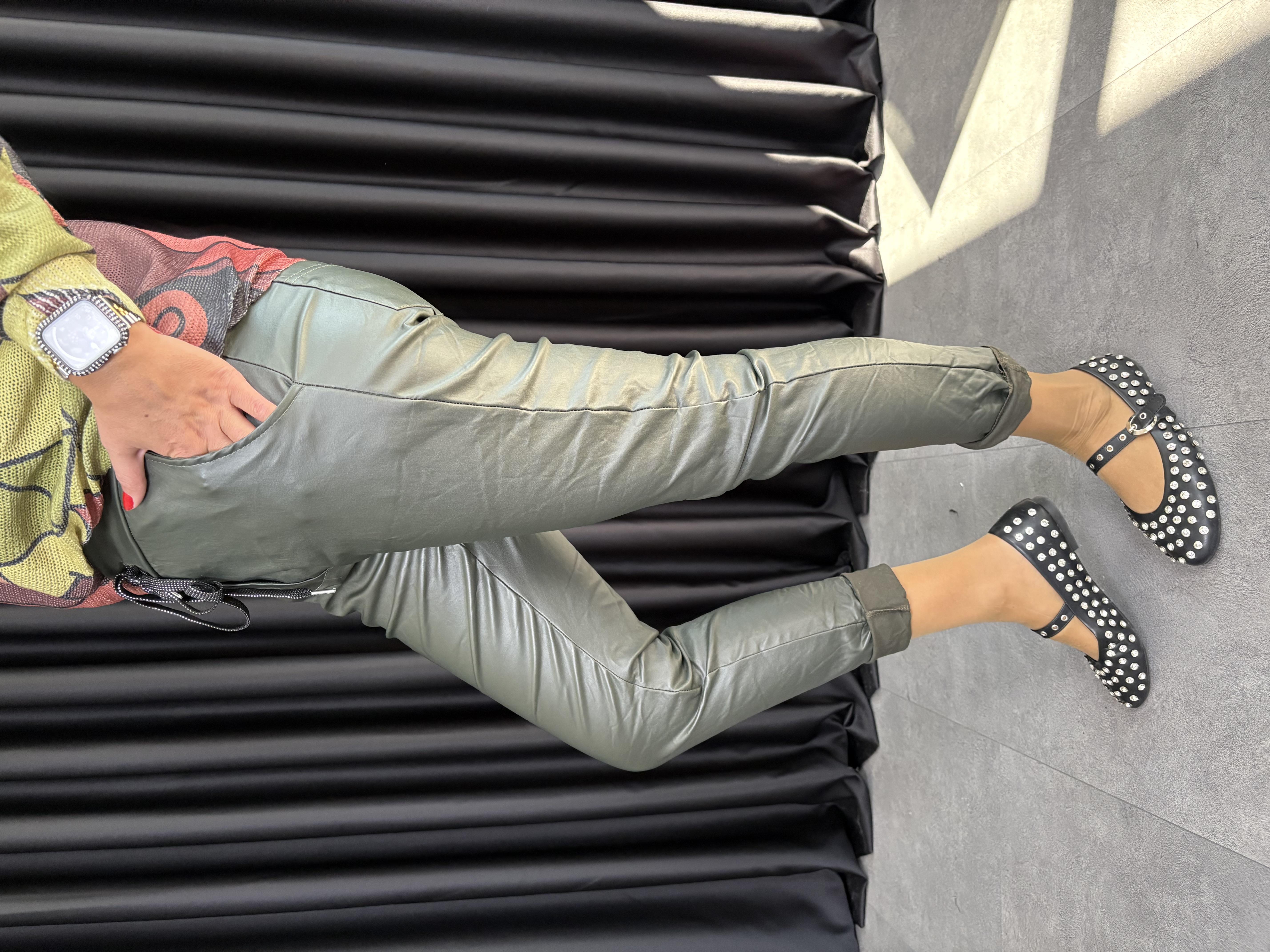 İtalyan Haki Deri Pantolon