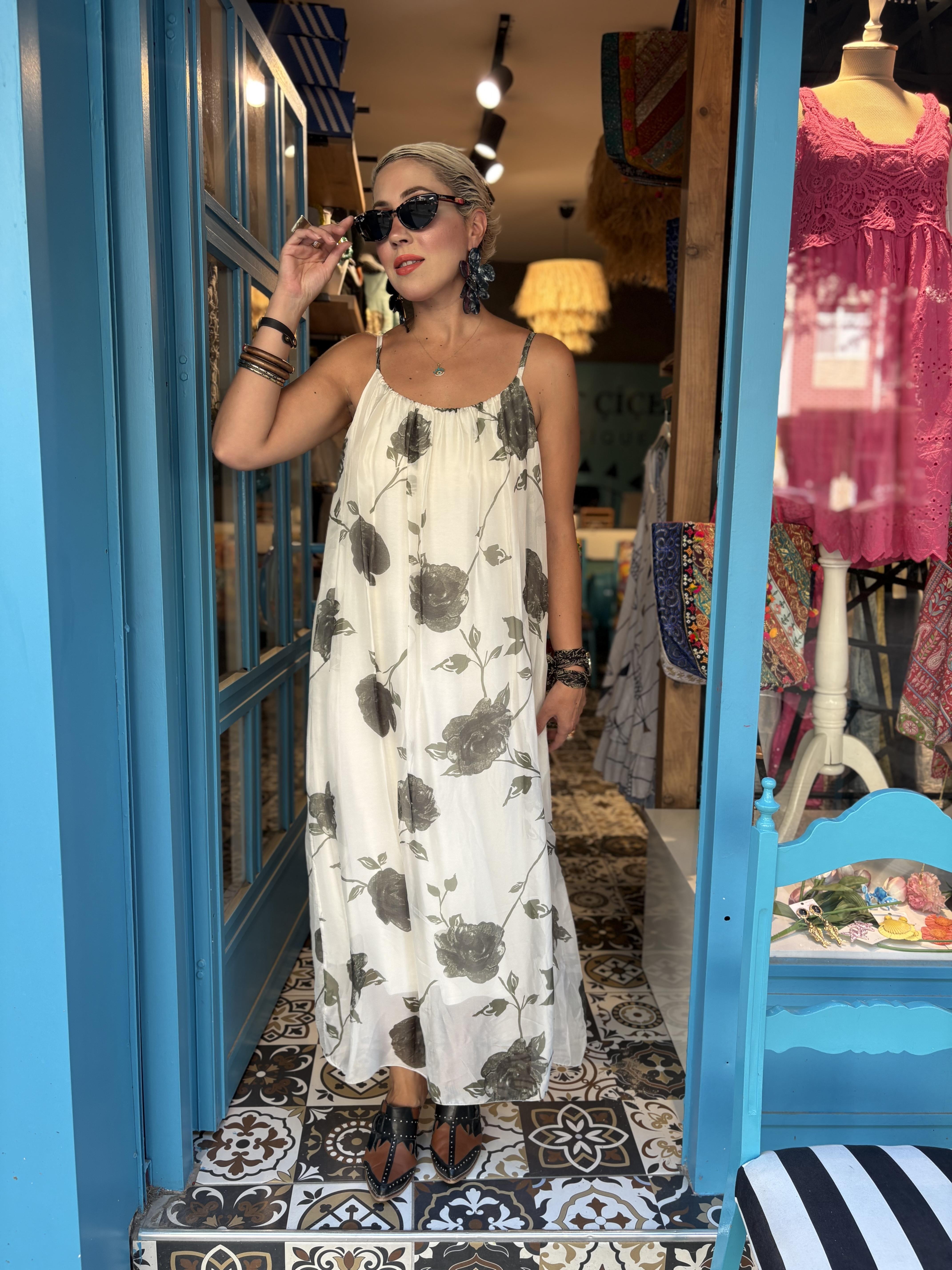 İtalyan Haki Gül Desenli Askılı İpek Elbise