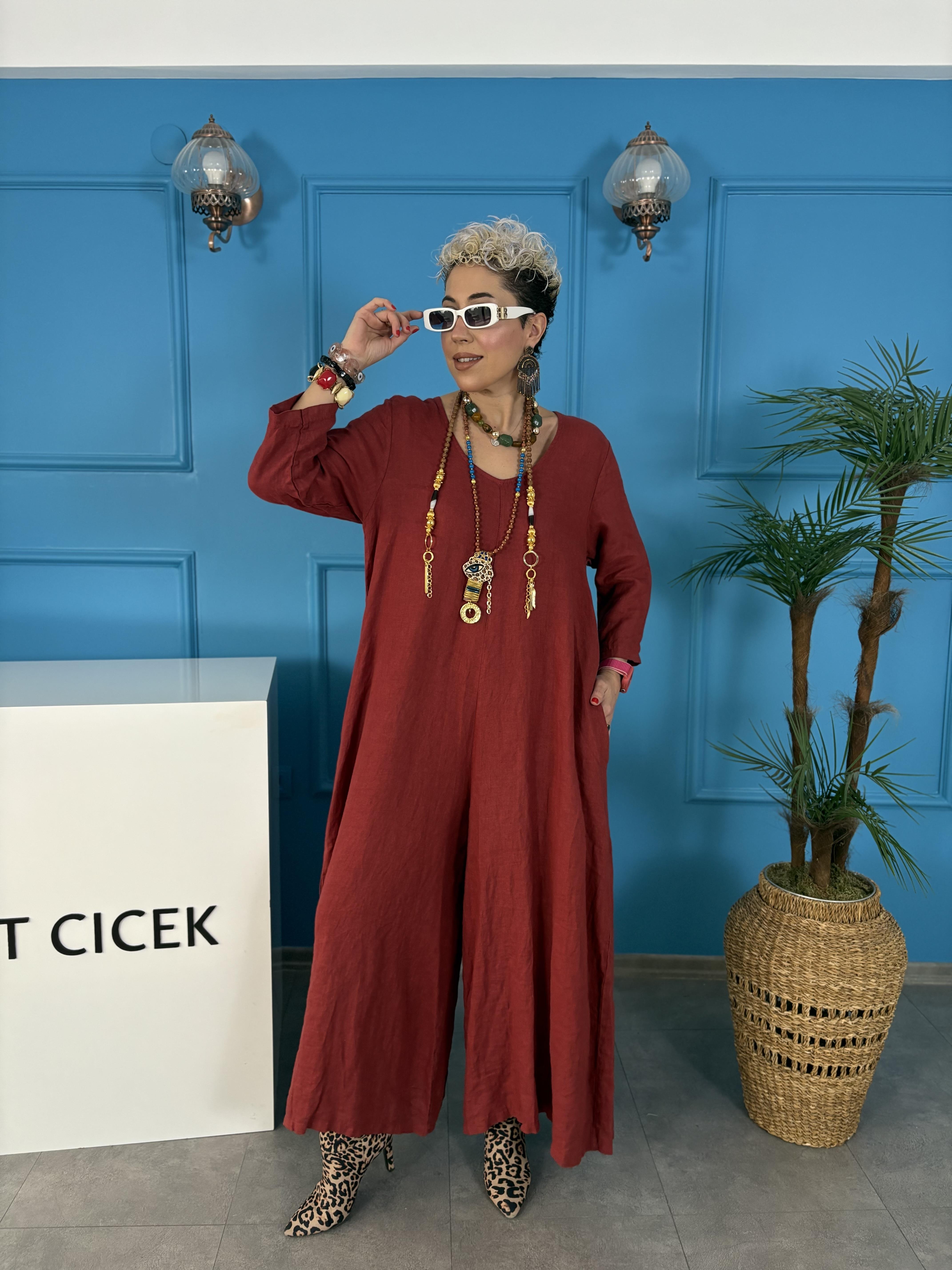 İtalyan Ham Keten Bordo Tulum