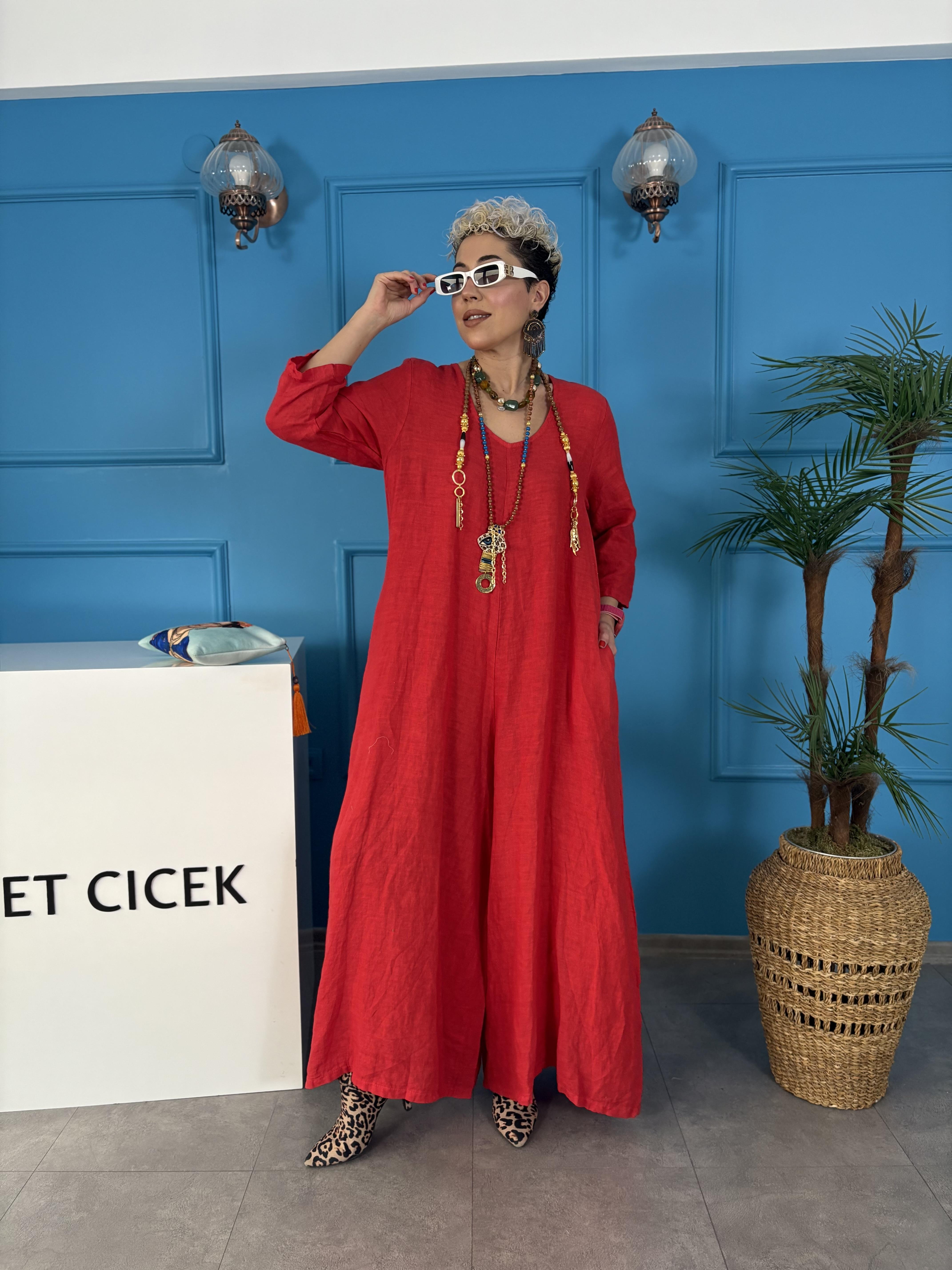 İtalyan Ham Keten Kırmızı Tulum