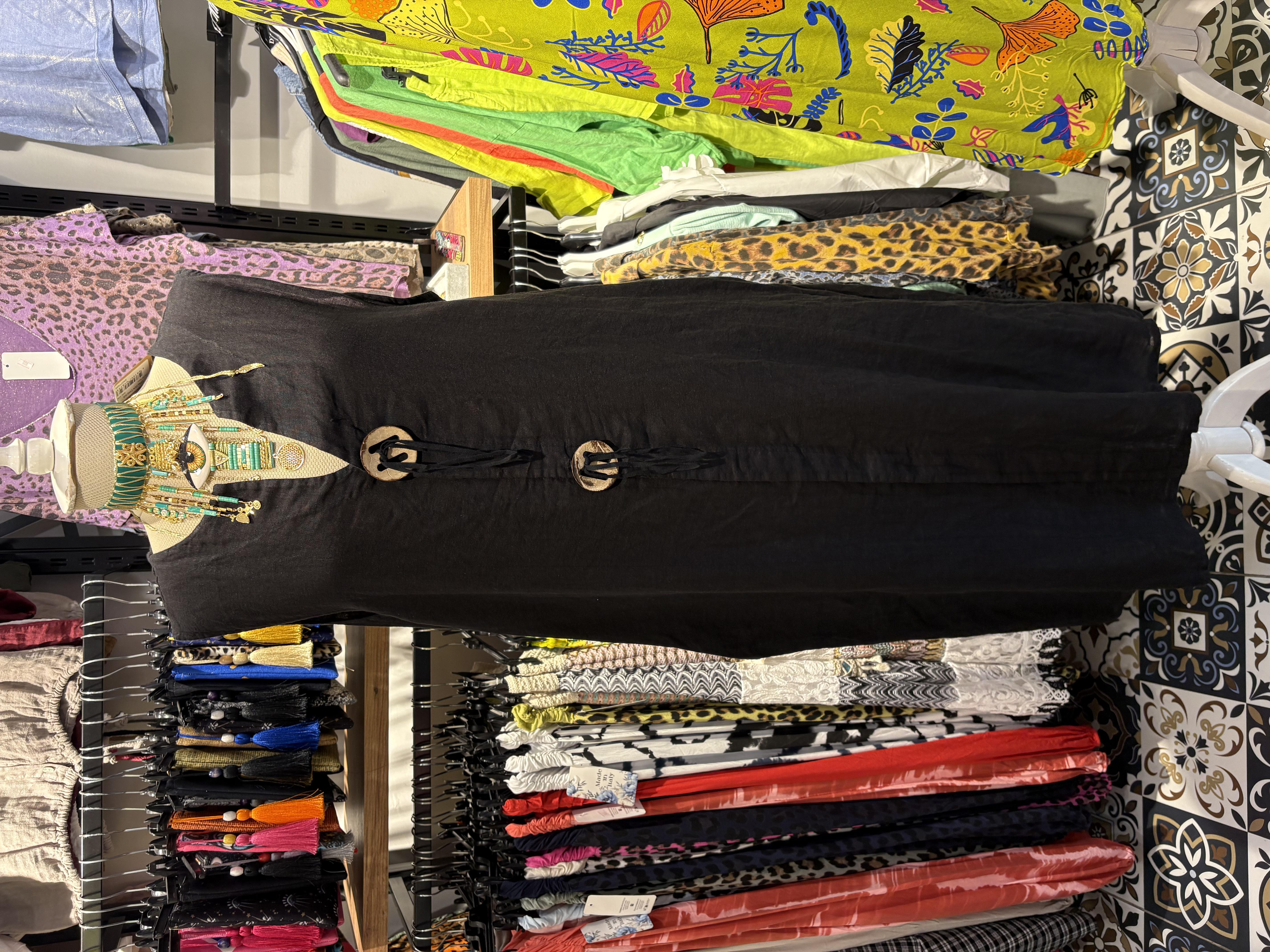 İtalyan Ham Keten Kolsuz Siyah Elbise