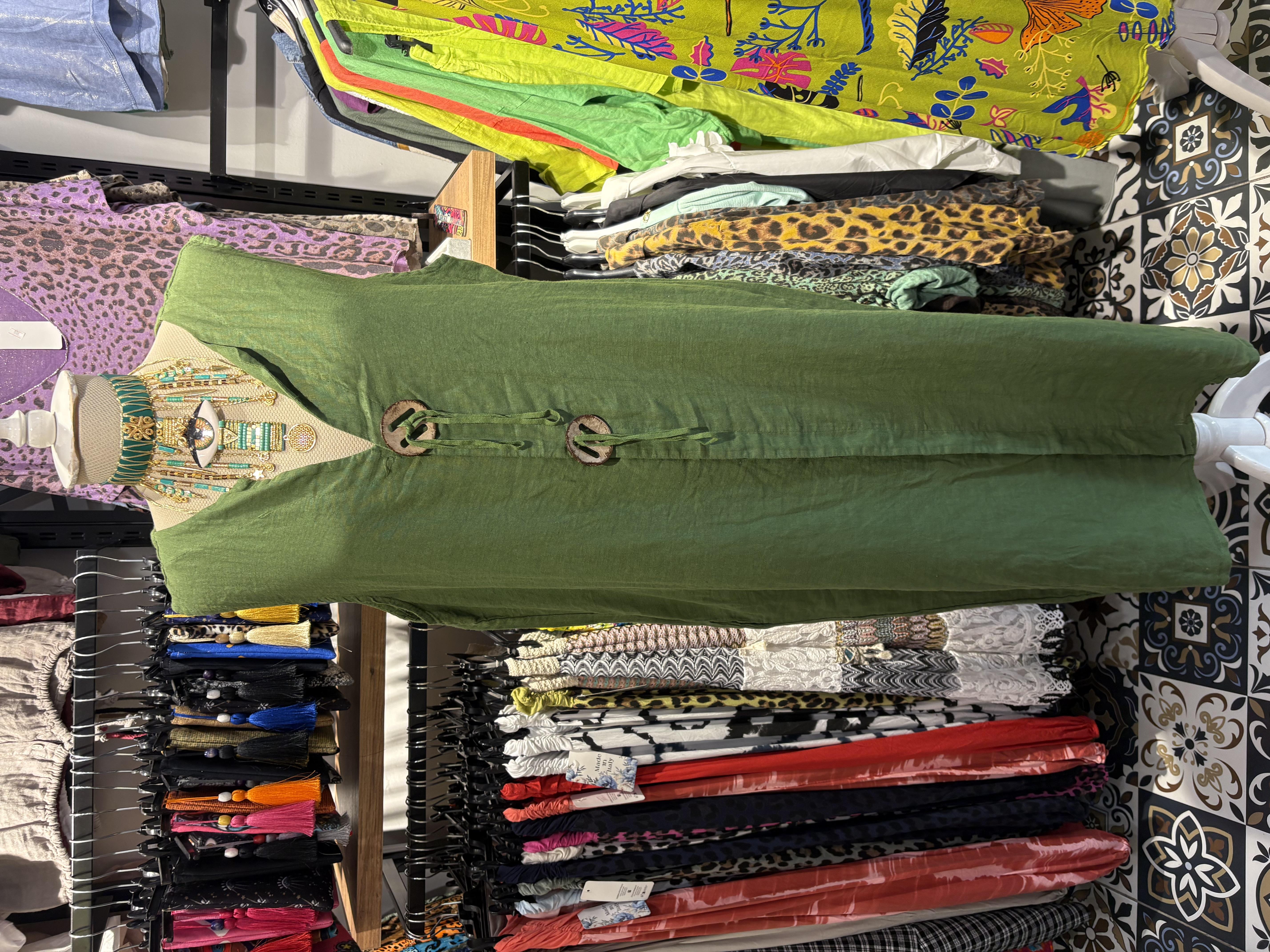 İtalyan Ham Keten Kolsuz Yeşil Elbise