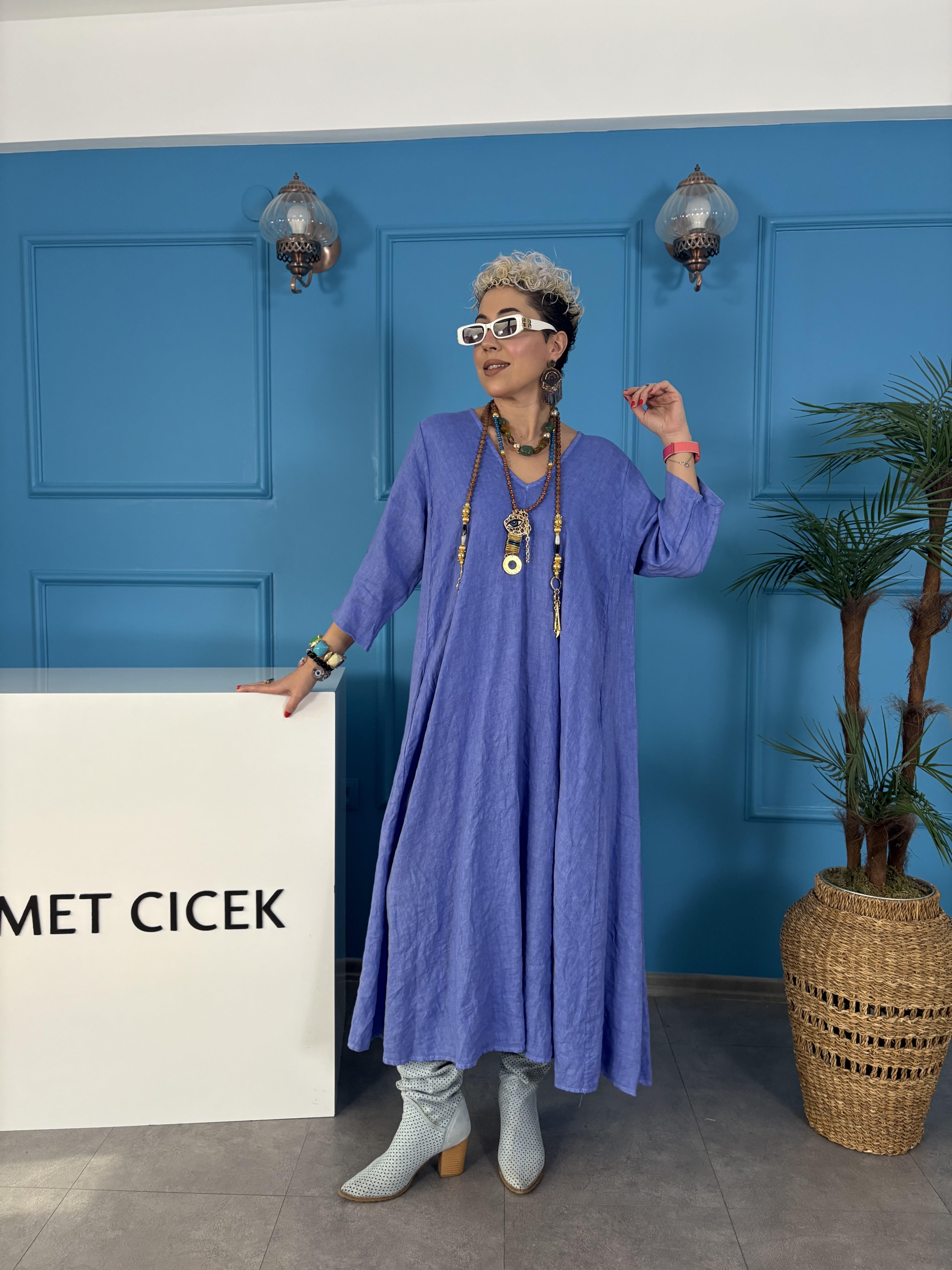 İtalyan Ham Keten Mavi Elbise