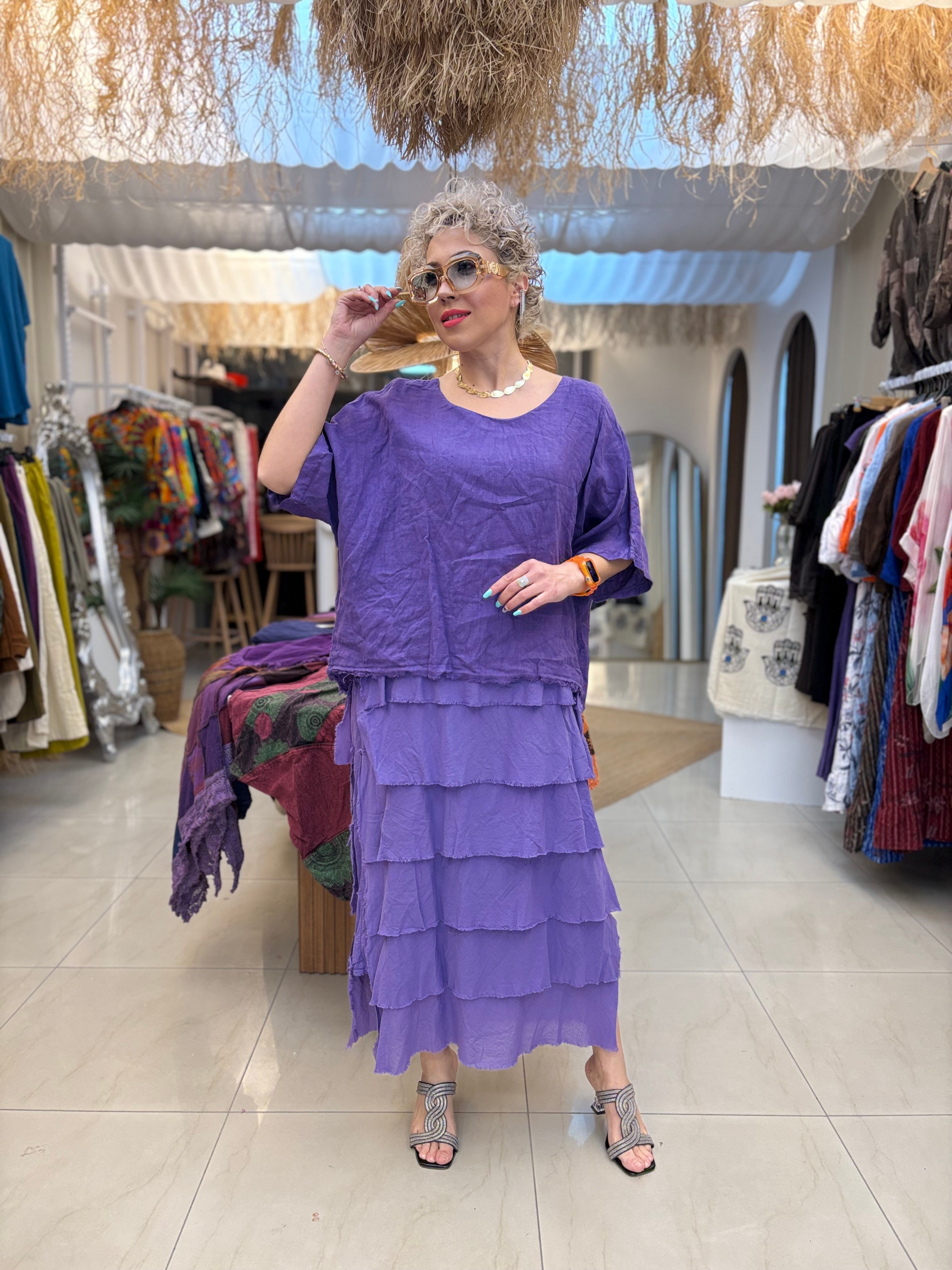 İtalyan Ham Keten Mor Kat Kat Elbise