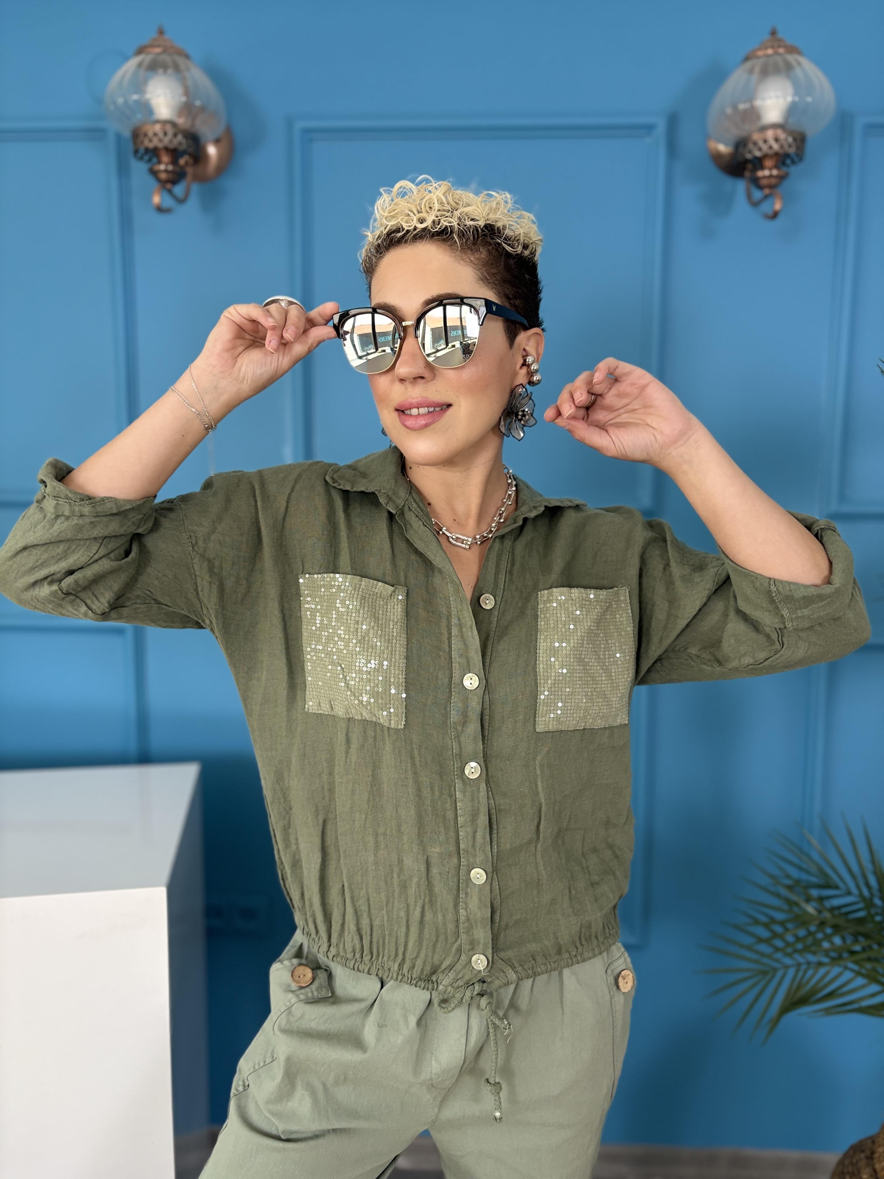 İtalyan Ham Keten Payet Cepli Haki Gömlek Ceket