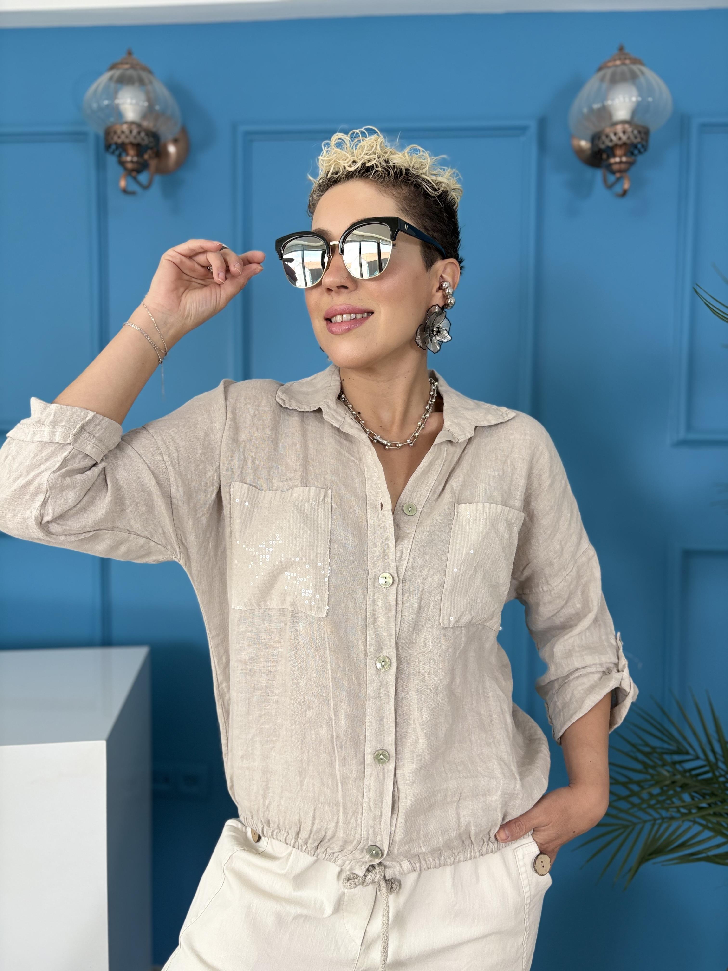 İtalyan Ham Keten Payet Cepli Krem Gömlek Ceket