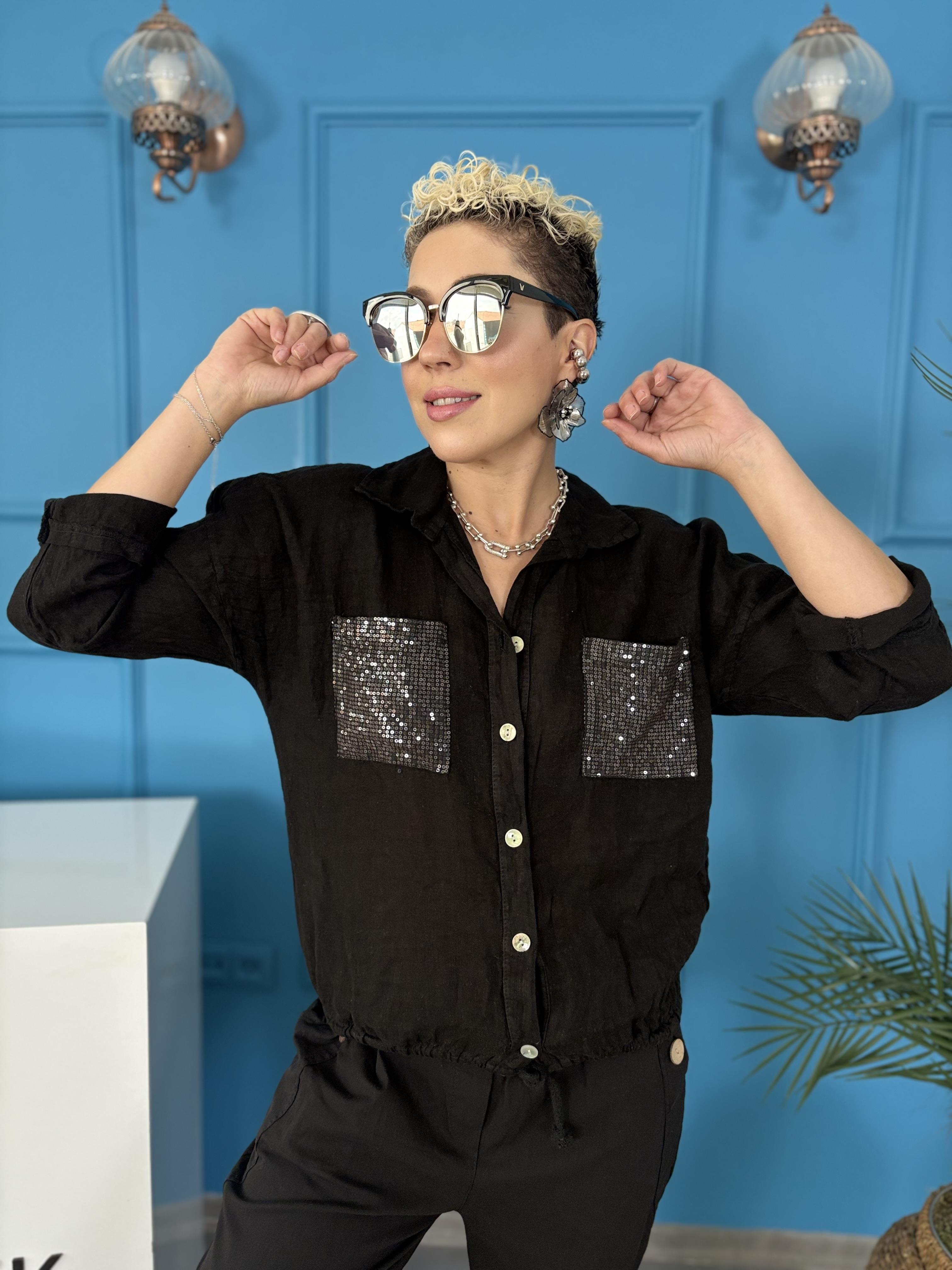 İtalyan Ham Keten Payet Cepli Siyah Gömlek Ceket