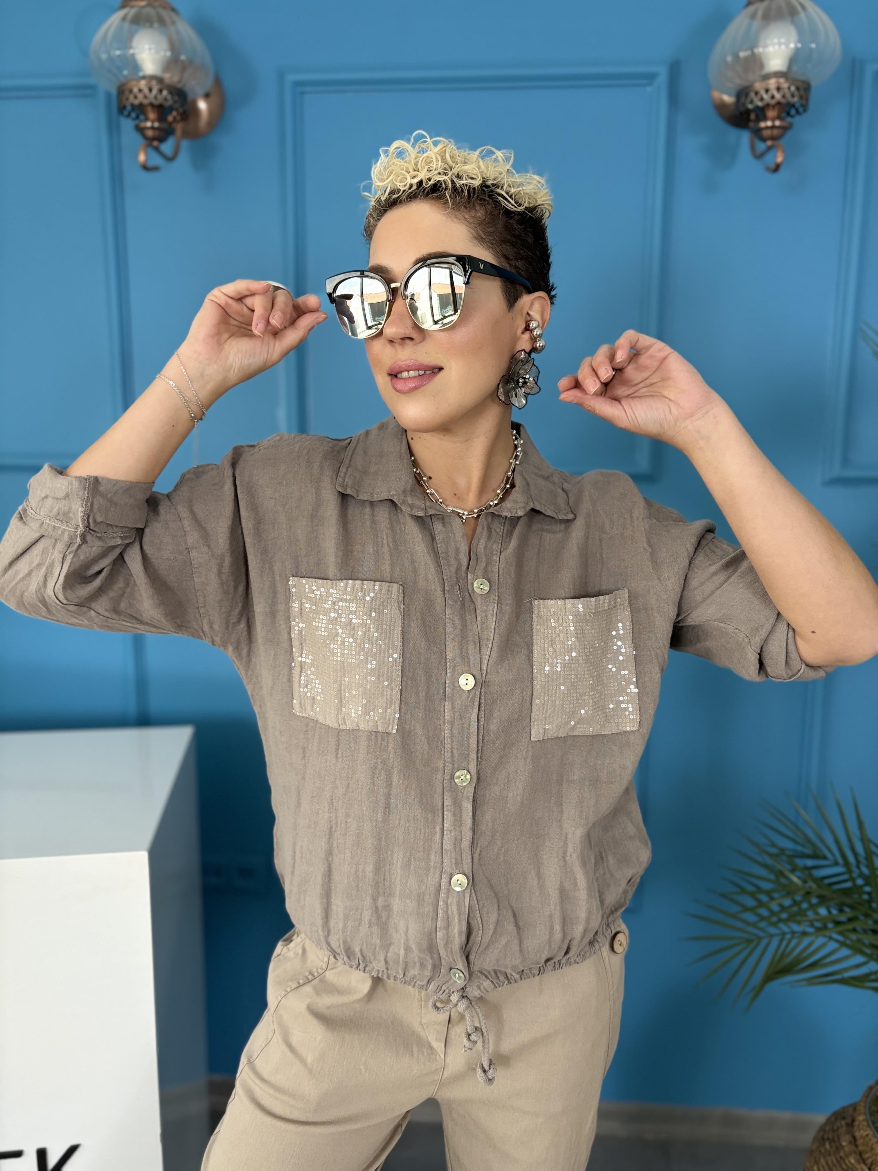 İtalyan Ham Keten Payet Cepli Vizon Gömlek Ceket