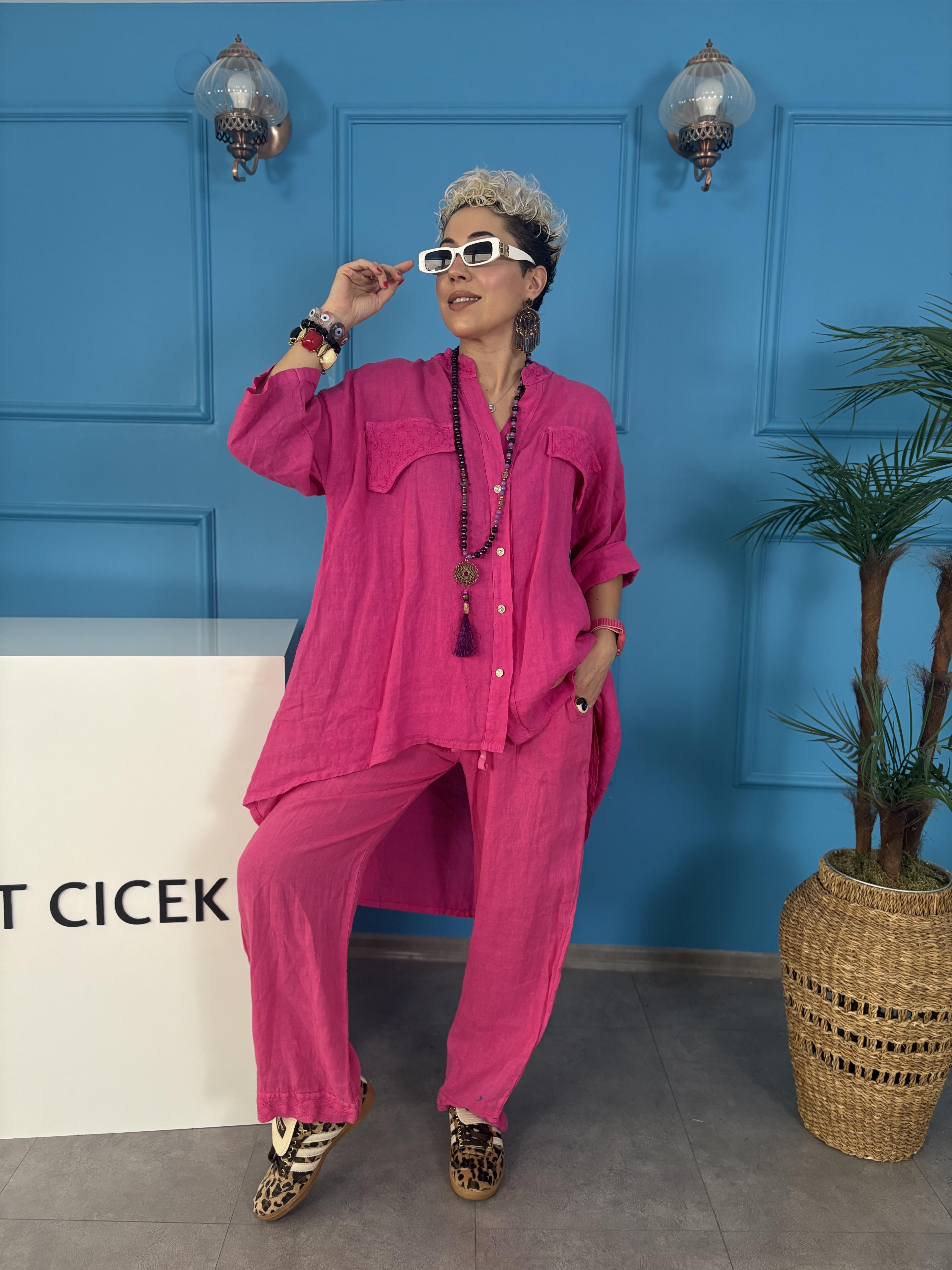 İtalyan Ham Keten Pembe Takım