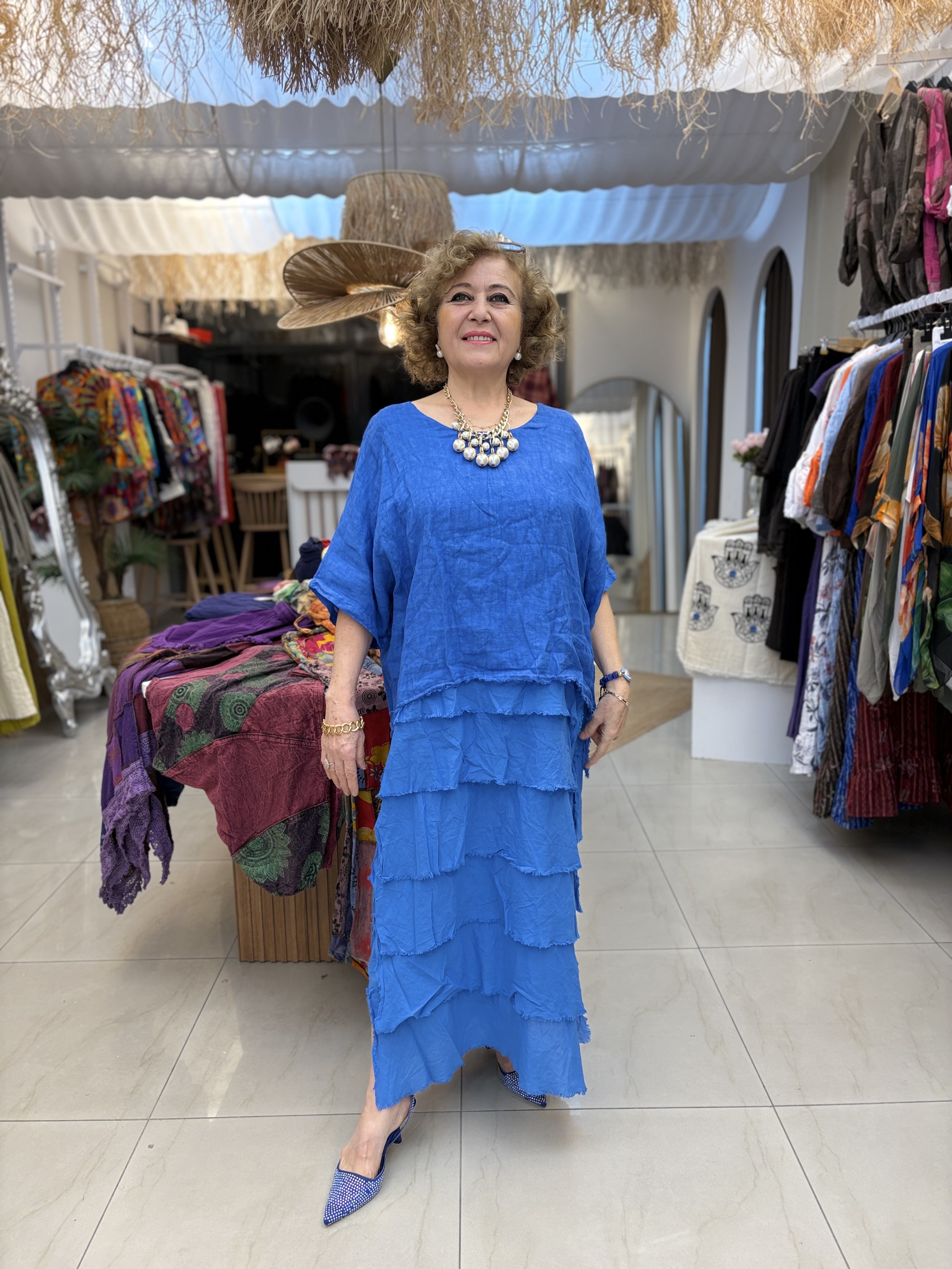 İtalyan Ham Keten Sax Mavi Kat Kat Elbise