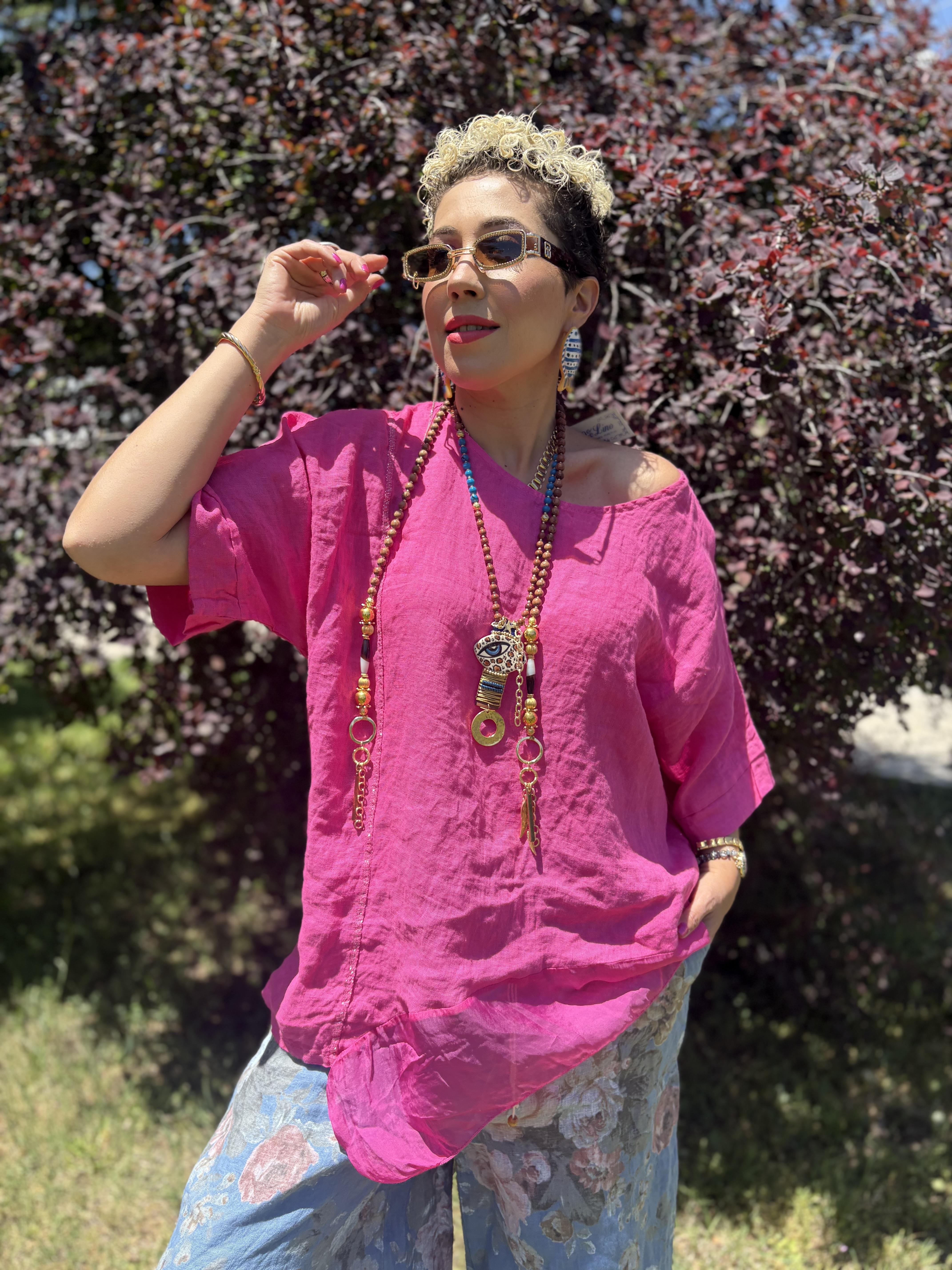 İtalyan İpek ve Sim Detaylı Pembe Ham Keten Bluz