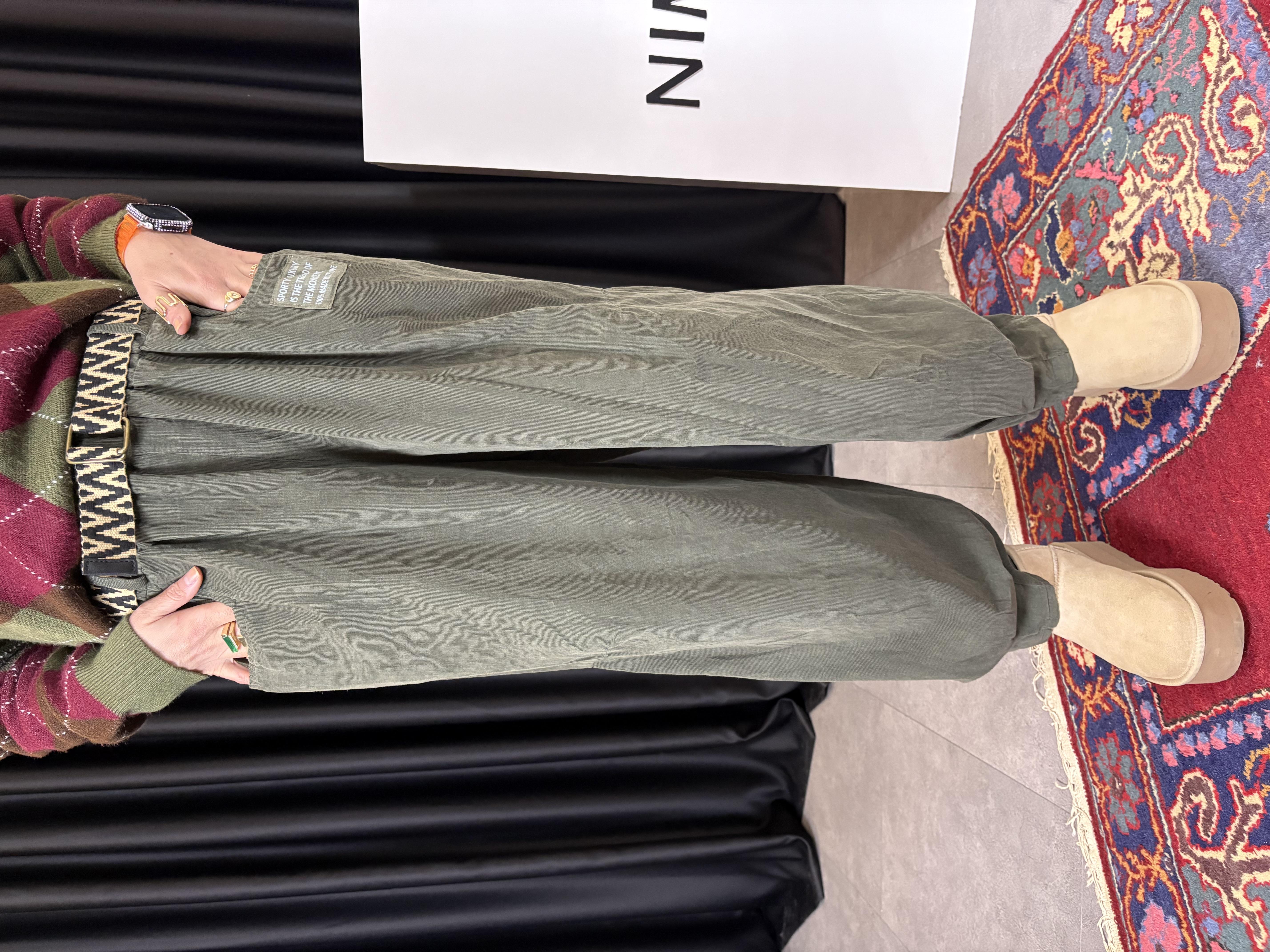 İtalyan Kadife Kemerli Şalvar Model Haki Pantolon