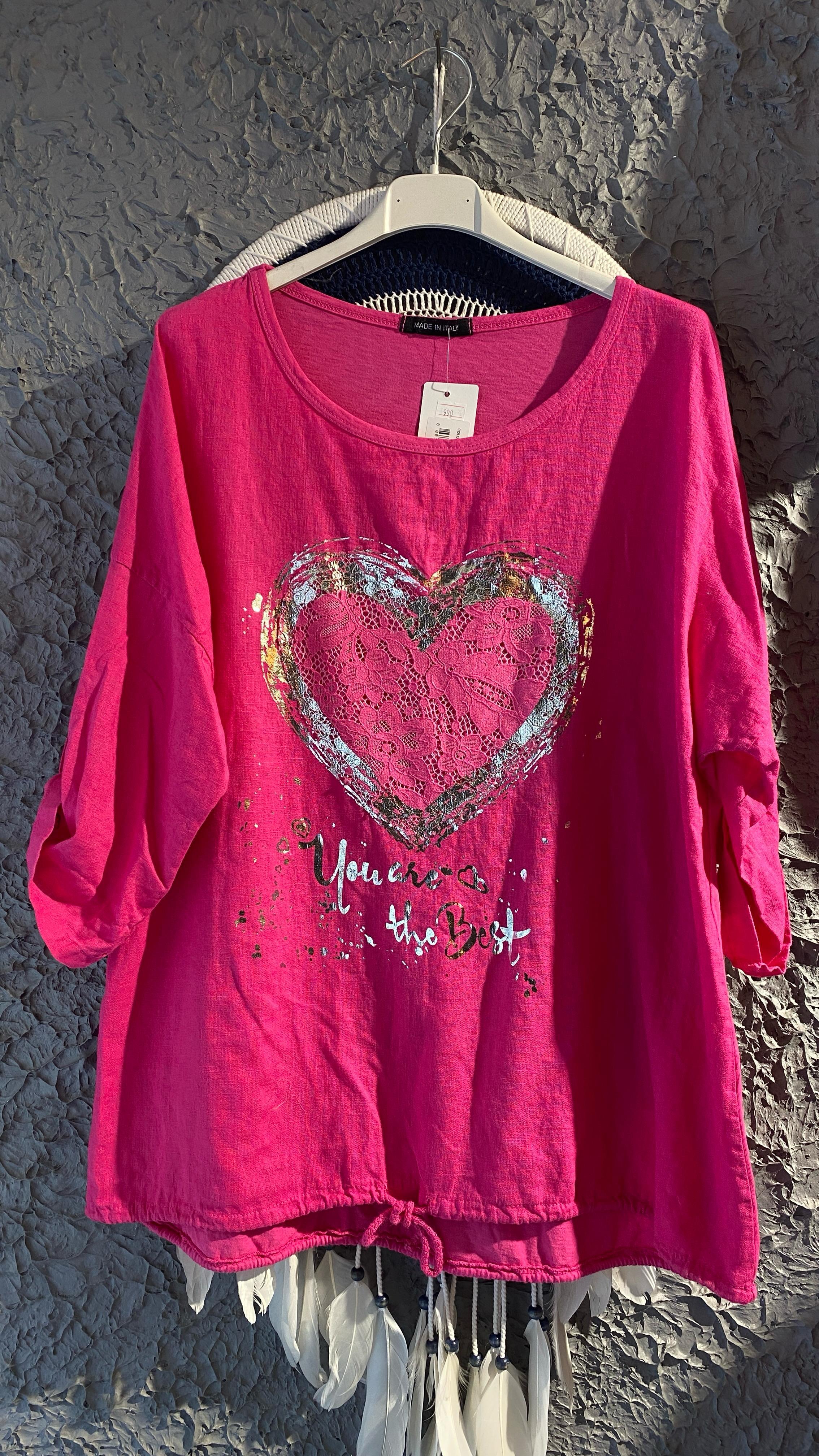 İtalyan Kalp Desenli Pembe Keten Bluz